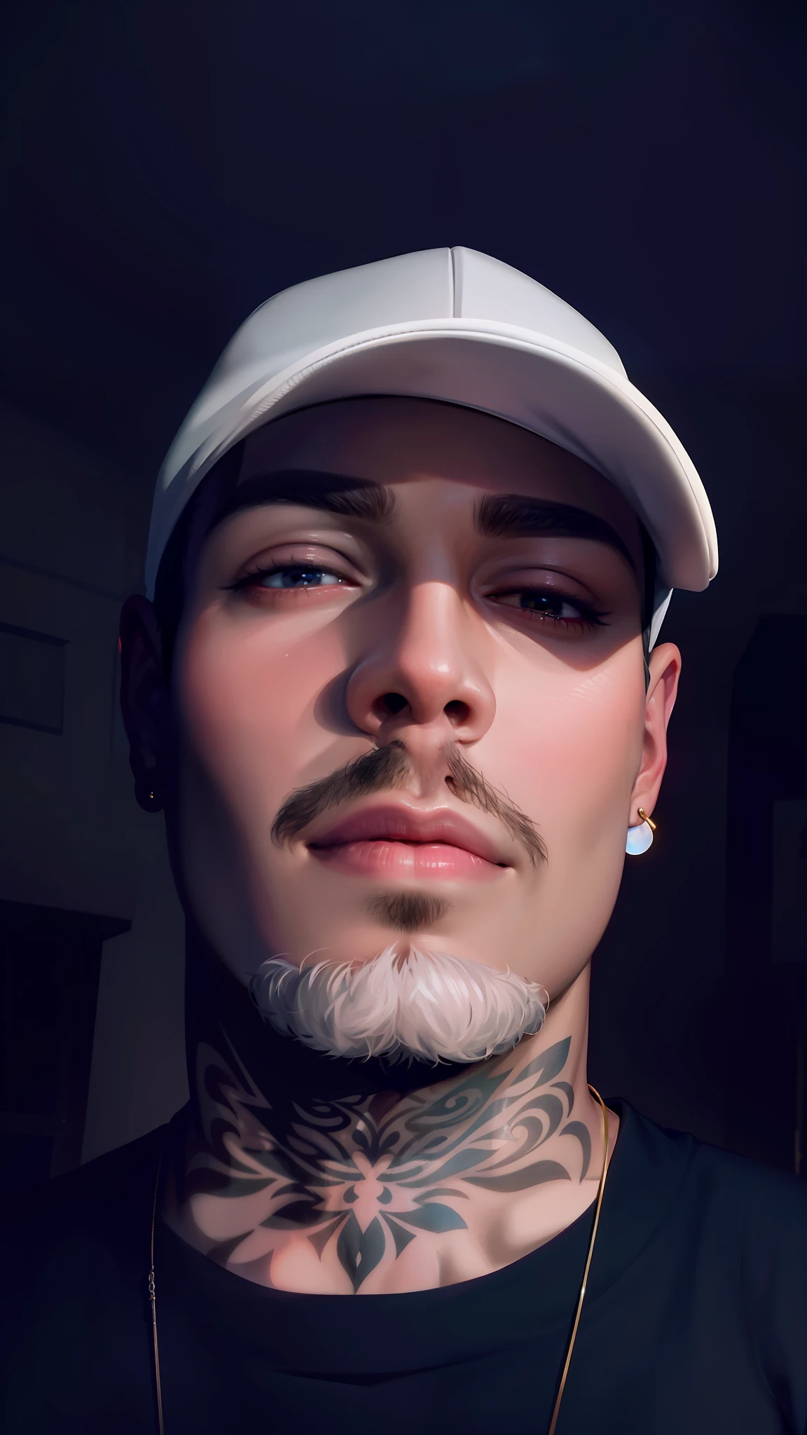 with a white cap and a black t-shirt, 18 year old man, smooth face without imperfections, neck tattooed with mandala, tattoo mandala, gold earring, gold chain, half pink mouth, half open eyes, hyperrealism, detailed realistic face, ultra realistic face, uhd, (street aesthetic photography), moody, cinematic, (depth of field), (film grain), (low saturation), --seed, Detailed portrait, 8K, sharp focus, volumetric lighting, cinematic lighting, studio quality, perfect nose, (masterpiece, best quality: 1.2), male focus, 1boy, serious, shut up, looking at the audience --v 6