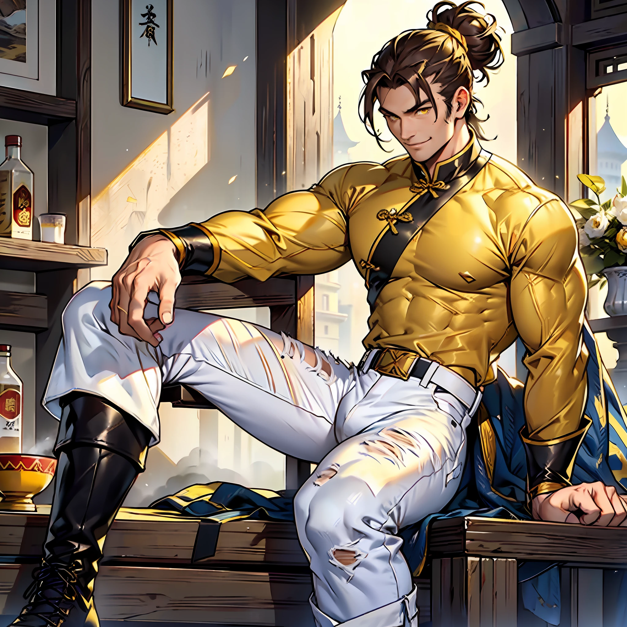 Muscular man, alone, holding a golden spear, hair tied in bun, dark brown hair, Chinese-looking man, ((burnt yellow social blouse, long white jeans)), black military boot, smile, yellow colored eyes, castle, costume.