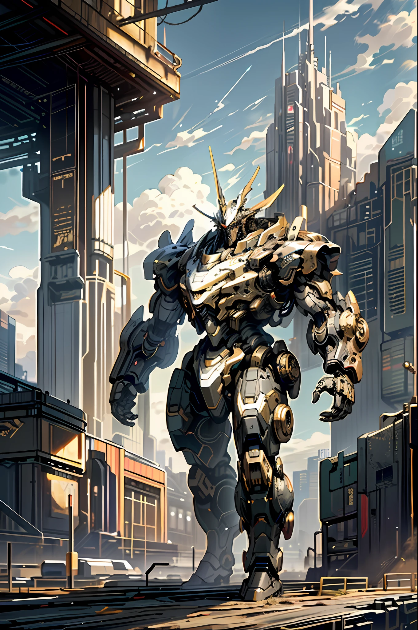 Dark_Fantasy, cyberpunk, (highest quality, masterpiece), mechanical wonders, state-of-the-art big robots, state-of-the-art big mechs, cities, highest quality digital art, stunning art, highly detailed, black and gold, top quality digital art, mech, sky, clouds