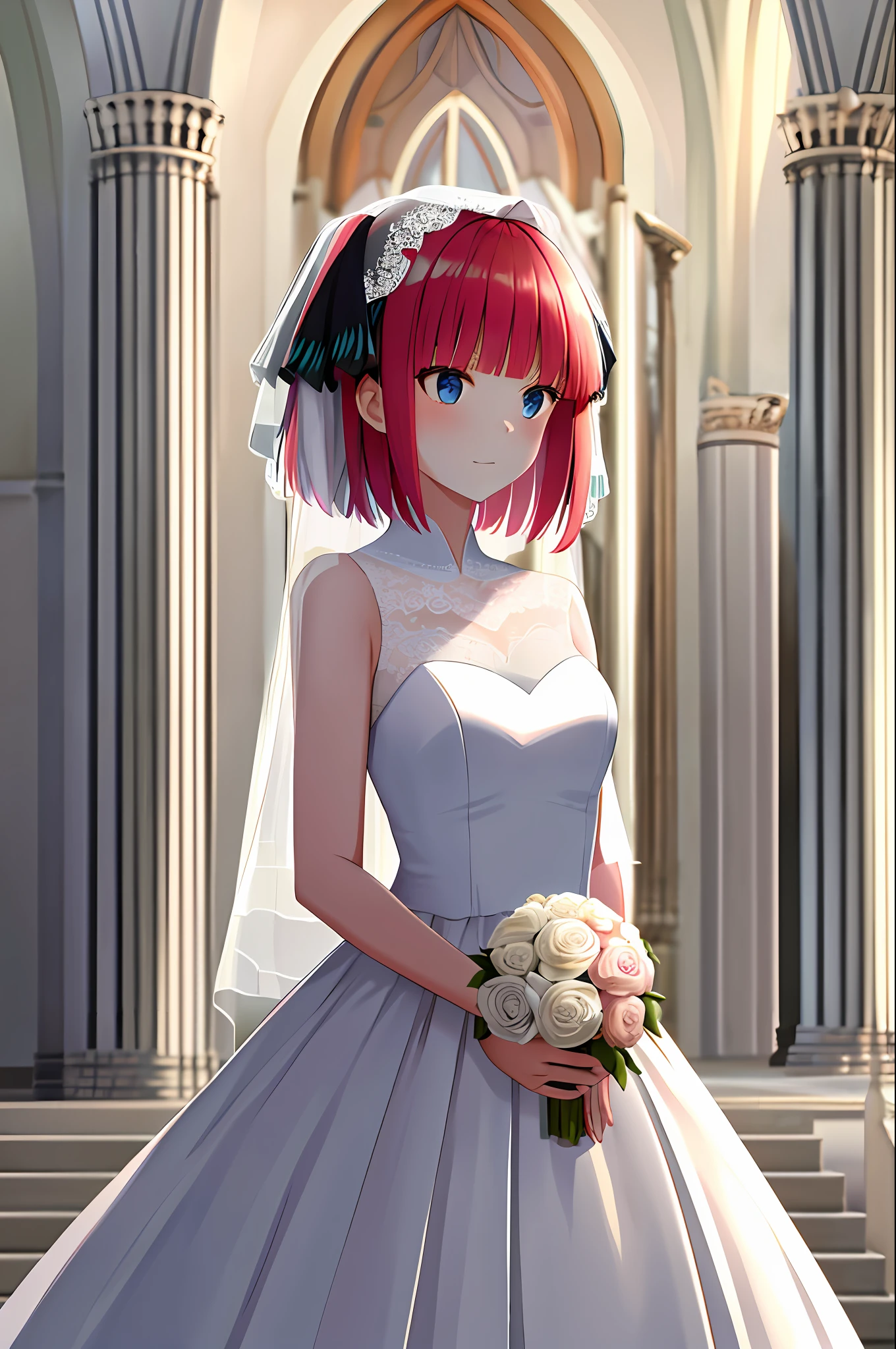 masterpiece, best quality, highres, nn1, 1girl, hair ribbon, short hair, wedding dress, wedding_veil, bouquet,  church, cowboy shot,