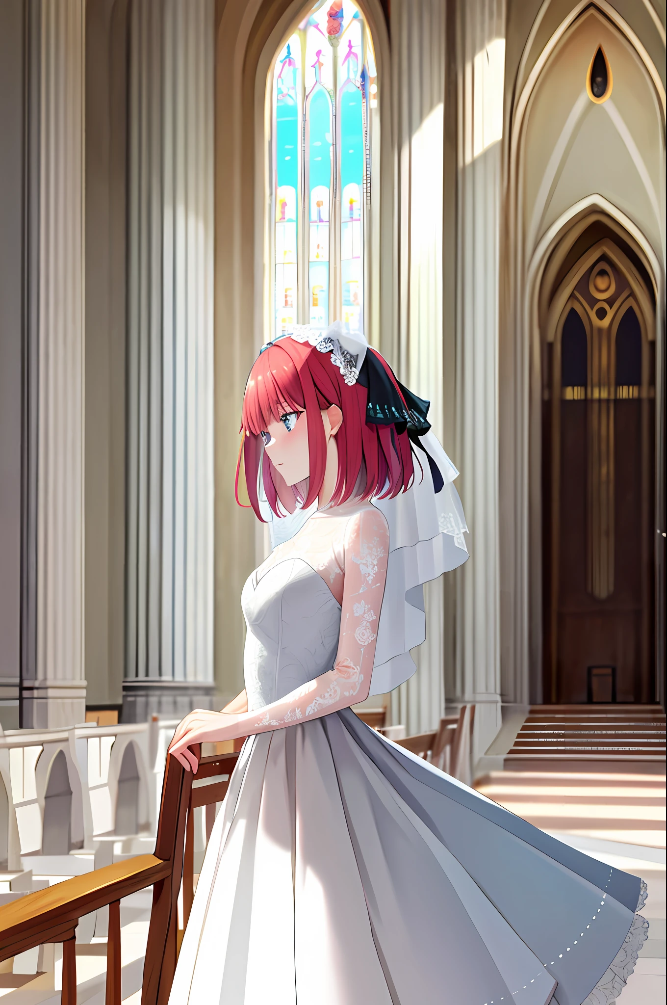 masterpiece, best quality, highres, nn1, 1girl, hair ribbon, short hair, wedding dress, wedding_veil, bouquet, church, cowboy shot,
