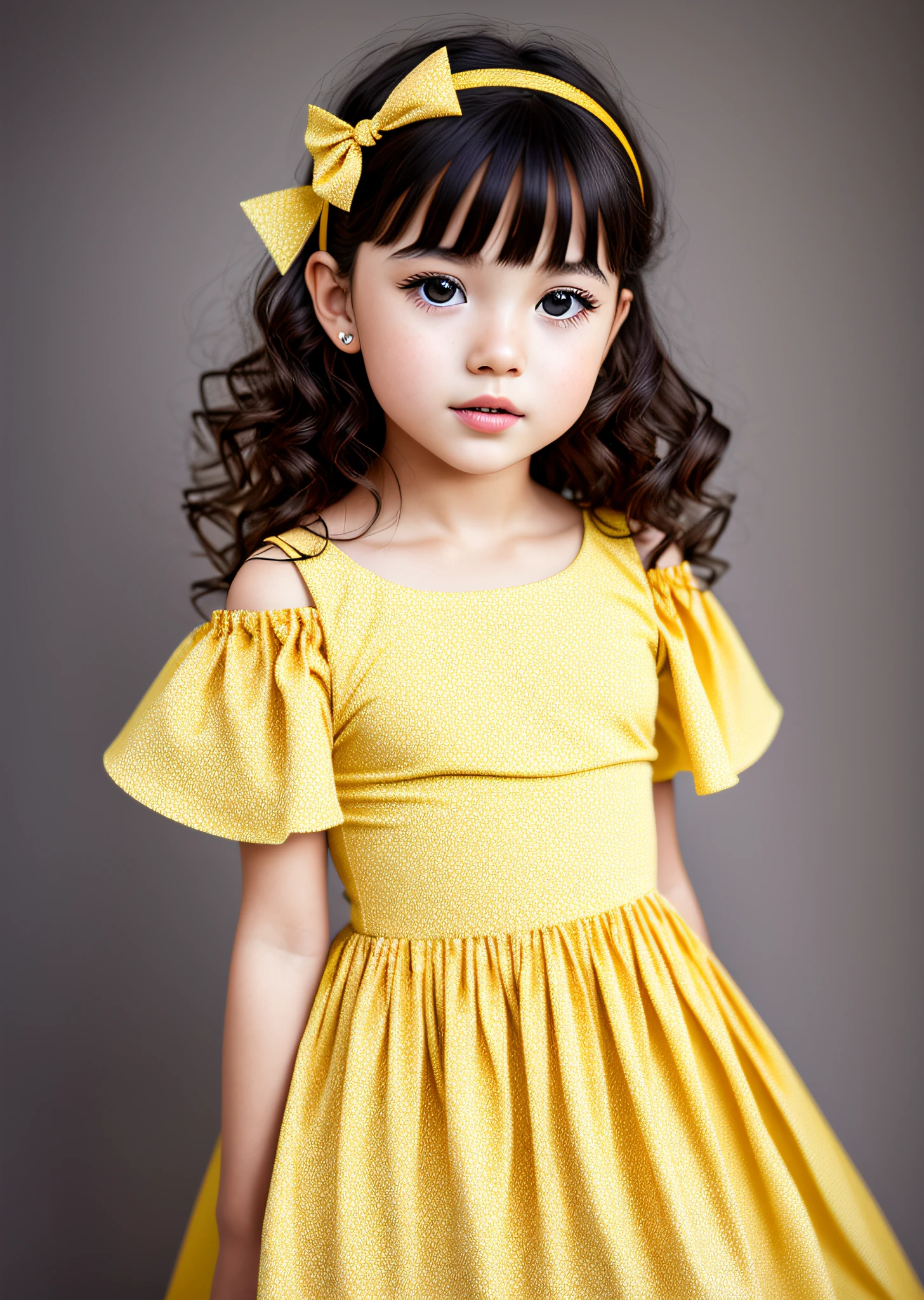 Fashion photography of children, yellow plaid dress, strong sense of design, middle ground, , little girl froshoulder-length hair, hair accessories, delicate skin, cute and lively, simple background, high texture, backlight, studio professional lighting