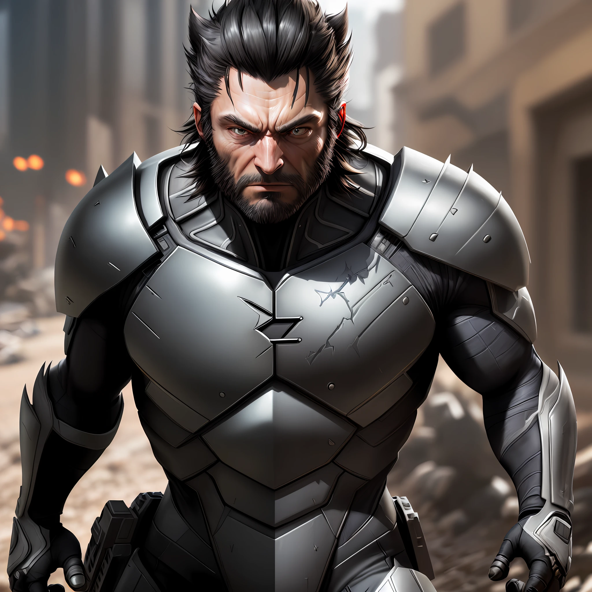 (((ultra-detailed realistic style))), Wolverine in X-Men costume in war setting, Andrea Kowch, male, 4k ultra-realistic eyes, black hair, (((unreal engine 5 graphics))),