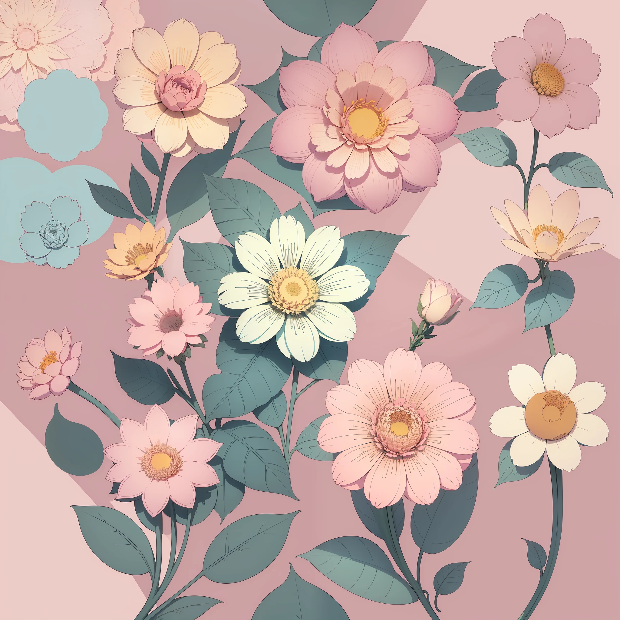 Set pattern of large flowers, defined shape, flat style, vector style, drawing style, naïve style, wallpaper style, in soft pastel colors such as old pink, pastel blue, light blue, beige, pastel yellow. No shadows in the images.
