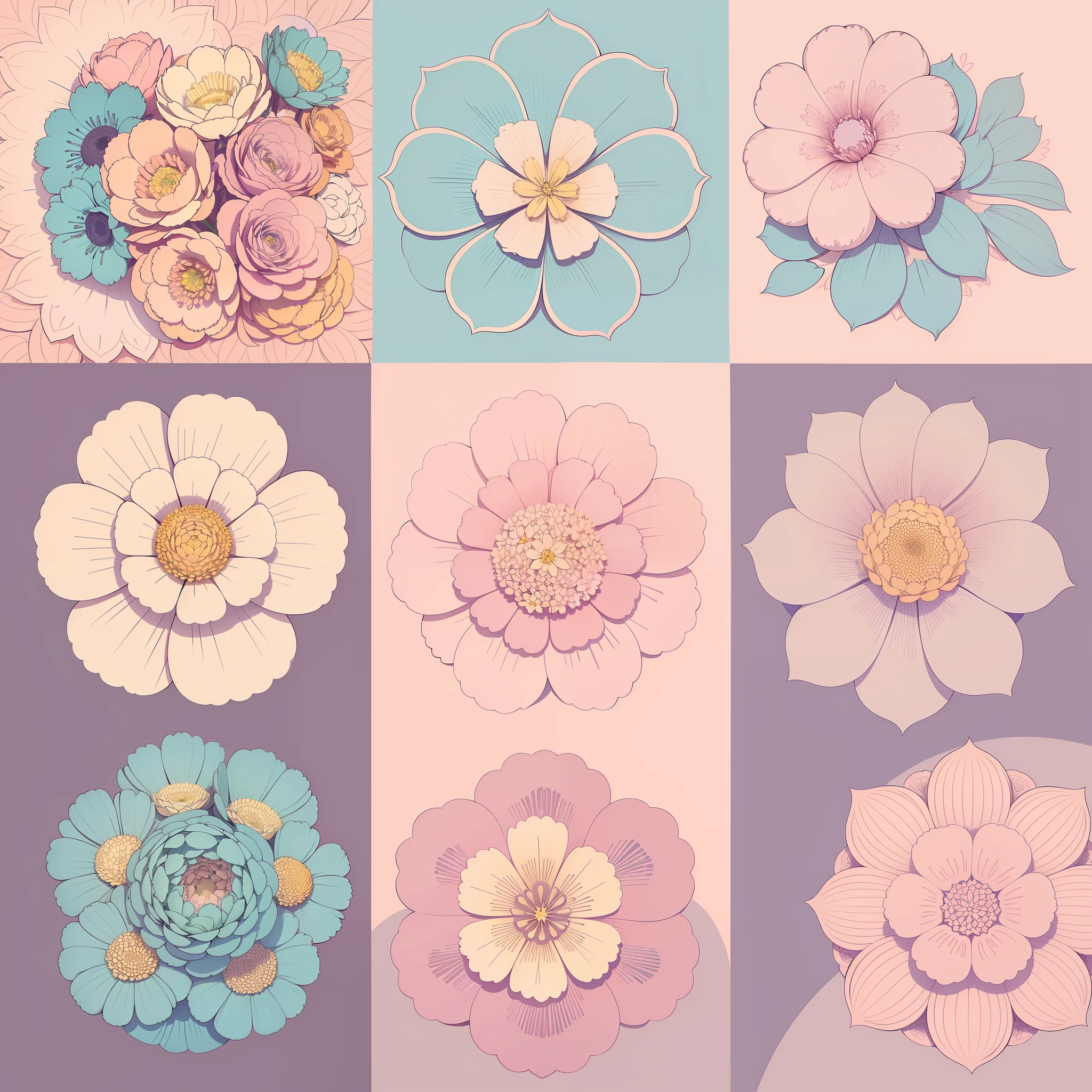 Set pattern of large flowers, defined shape, flat style, vector style, drawing style, naïve style, wallpaper style, in soft pastel colors such as old pink, pastel blue, light blue, beige, pastel yellow. No shadows in the images.