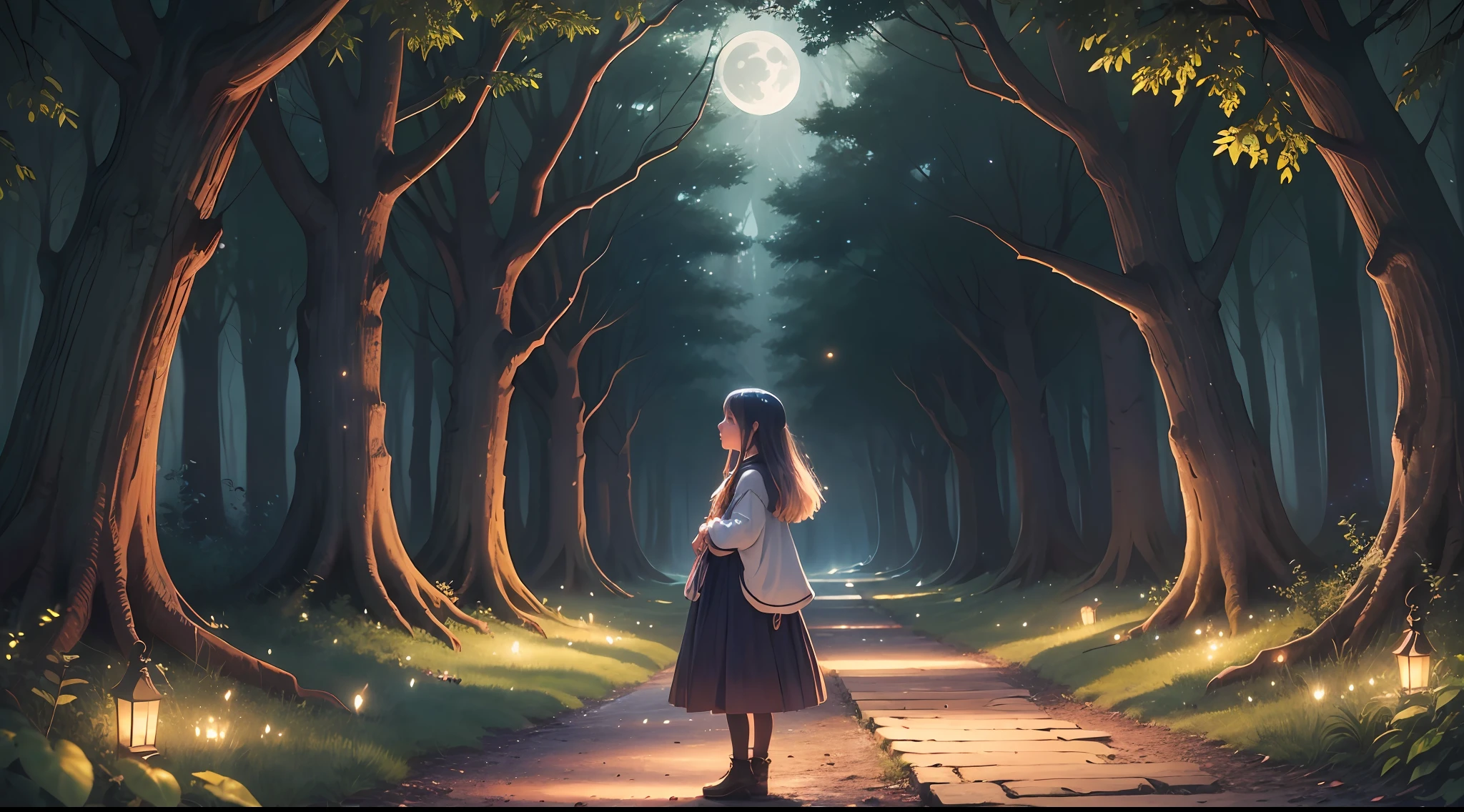 "(In a mystical forest, under the flicker of fireflies), the full moon sky illuminates the (1girl)'s path, casting an enchanting glow on the (night) scene. Her eyes, reflective in the moonlight, gaze intently at the path ahead, wondering what secrets lie in wait for her in this mystical world." --auto --s2
