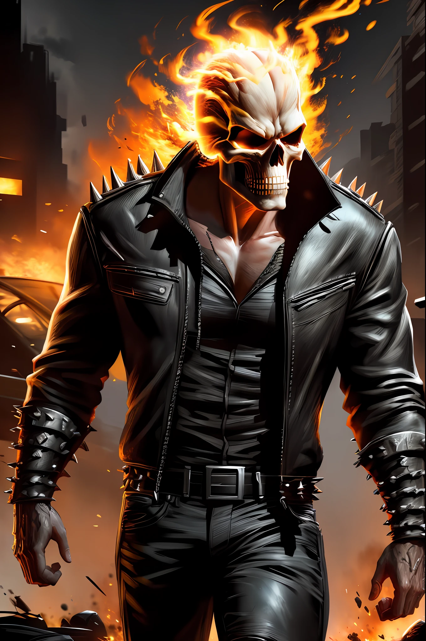 high quality, cinematic ray , realistic digital art illustration movie poster portrait ghostrider, epic lighting, cinematic lighting, high res, (detailed image:1), insane details, soft, hyper realistic, (highly detailed:1.2), masterpiece, 8k uhd, digital art style , trending on artstation