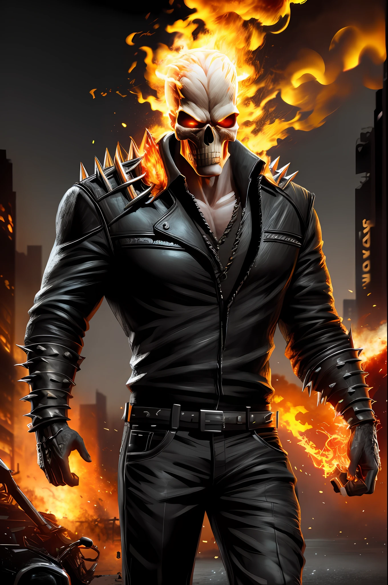 high quality, cinematic ray , realistic digital art illustration movie poster portrait  ghostrider,   epic lighting, cinematic lighting,   high res, (detailed image:1), insane details, soft,  hyper realistic,   (highly detailed:1.2), masterpiece, 8k uhd, digital art style ,  trending on artstation