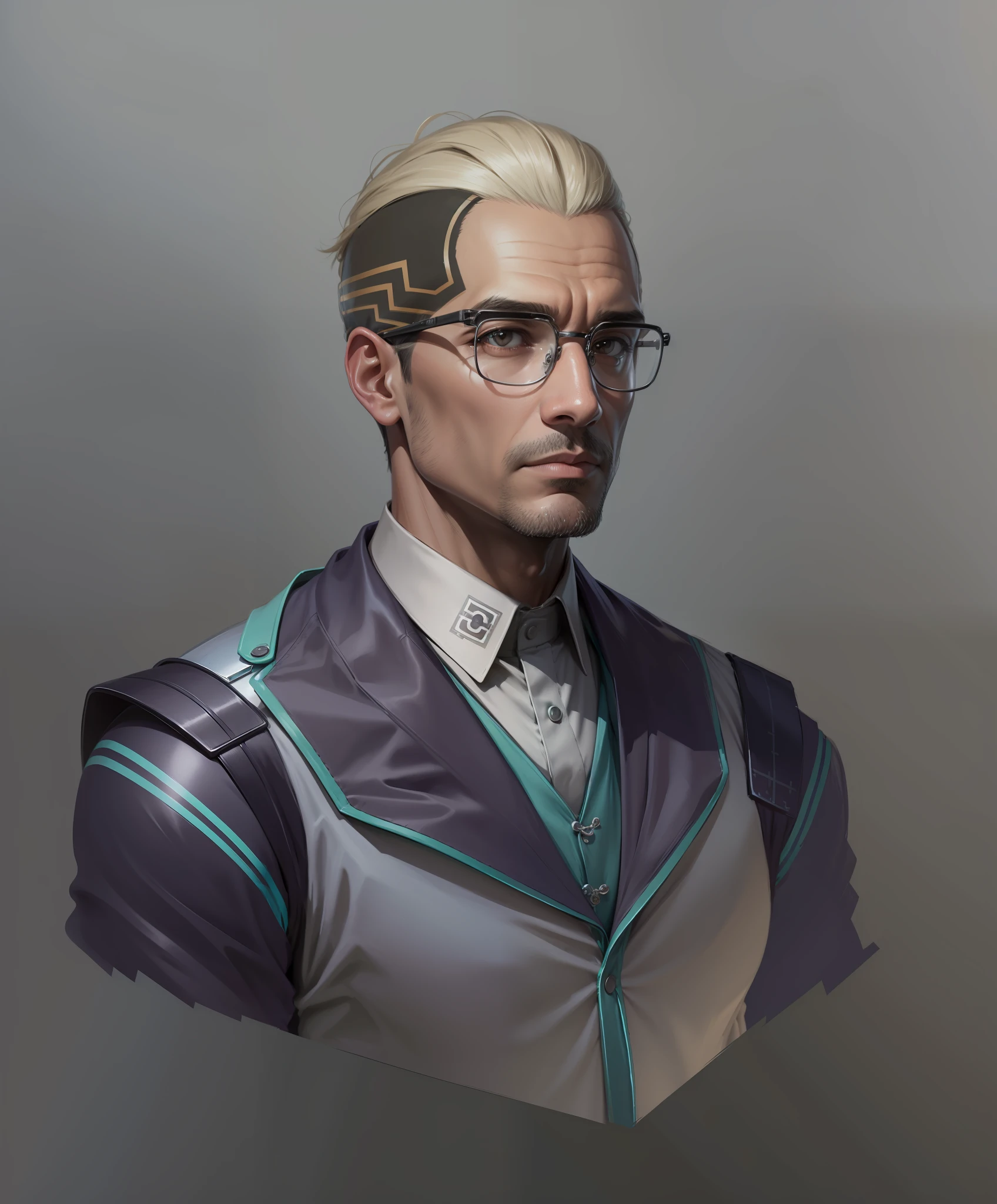 absurd resolution, high resolution, reflection, refraction:1.4 ultra-detailed:1.0 (illustration, line drawing), masterpiece, scientist with glasses, full-length, man (European, Arab, dark-skinned), ugly, middle-aged, 40 years old, work suit (polyester, synthetics), tattoos on the head, scientific uniform, scientist, scientific, biologist, technologist