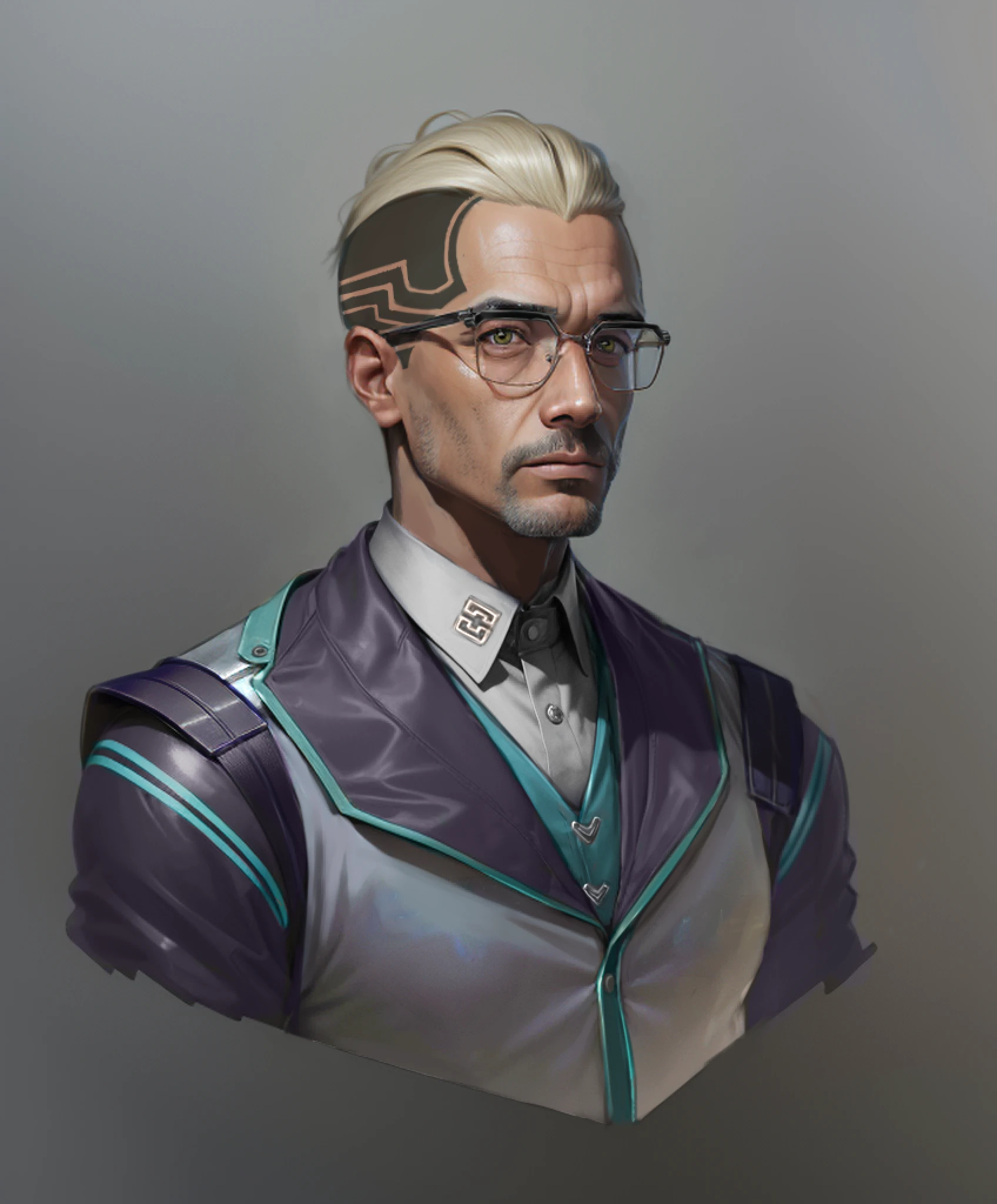 absurd resolution, high resolution, reflection, refraction:1.4 ultra-detailed:1.0 (illustration, line drawing), masterpiece, scientist with glasses, full-length, man (European, Arab, dark-skinned), ugly, middle-aged, 40 years old, work suit (polyester, synthetics), tattoos on the head, scientific uniform, scientist, scientific, biologist, technologist