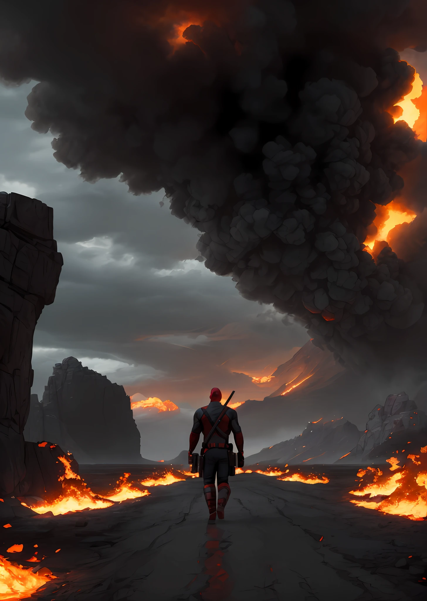 Deadpool from Marvel, walking on a sea of fire, driving away evil, masterpiece, shale gray atmosphere, best quality, high quality, 8K modular wallpapers extremely detailed, award-winning photos, bokeh, depth of field, HDR, bloom, chromatic aberration, photorealistic, extremely detailed, trend in artstation, trend in CGsociety, complex, high detail, dramatic, art in the middle of the journey, volumetric lighting