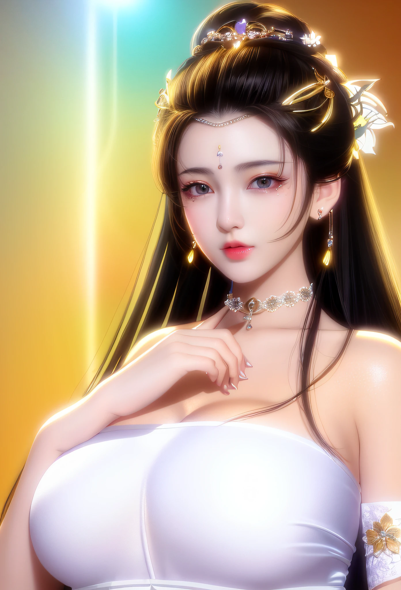 (Masterpiece: 1.0), (Best Quality: 1.4), (Ultra High Resolution: 1.2), (Fine Illustration: 1.4), (8k, RAW Photo: 1.2), (Soft Focus: 1.4), (Sharp Focus: 1.4), (Korea: 1.0), (China: 1.0), (Liu Yifei: 1.3), Ultra-realistic 8k Game CG, Masterpiece, Sunlight, High Quality, Pale Skin, Outrageously Long Brunet, Blue Eyes, Fantasy, Looking at the Audience, Portrait, Film Lighting, Film Bloom, Soft Light , Upper body, Lips, (Masterpiece: 1.4), (Best quality: 1.4), (Shiny skin), Huge breasts, Juice, Puffiness, Large areola, Huge, Round eyes and long hair, symmetrical face, perfect skin, volumetric lighting, stunning environment, highly detailed, ultra-realistic, thick lips, beautiful lips, symmetrical, (yellow skin tone), warm tones, black hair, complex hair accessories, earrings, bracelets, (choker: 1, 3), accessories, hair accessories, big breasts, (flower background ), external shooting,