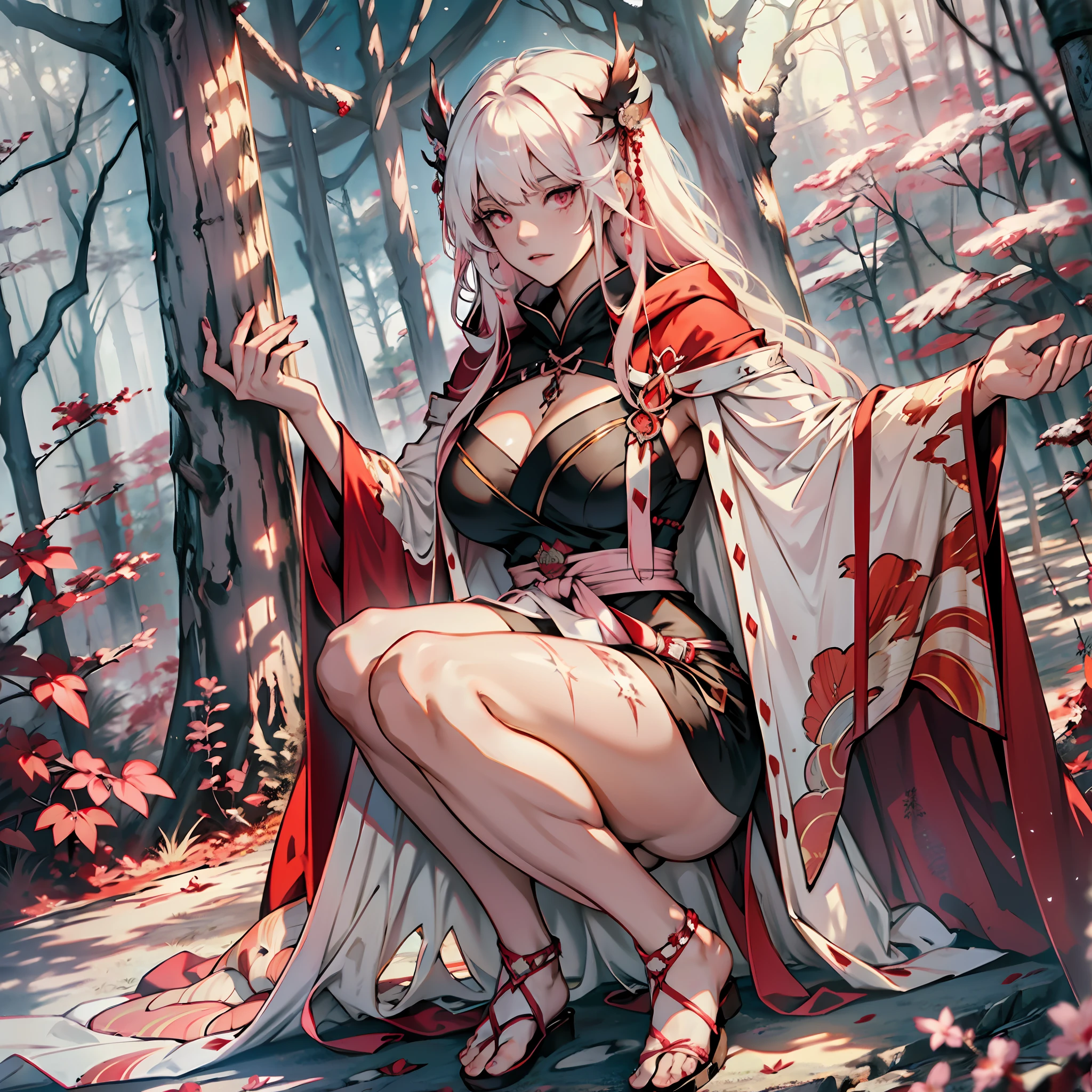 Long white hair, bangs, Japanese woman, short dress of white color with rips, cloak with dark red hood, large breasts, curvy woman, thin waist, thick legs, barefoot, scars on hands, pink colored eyes, black forest scenery, night, fantasy scenery.