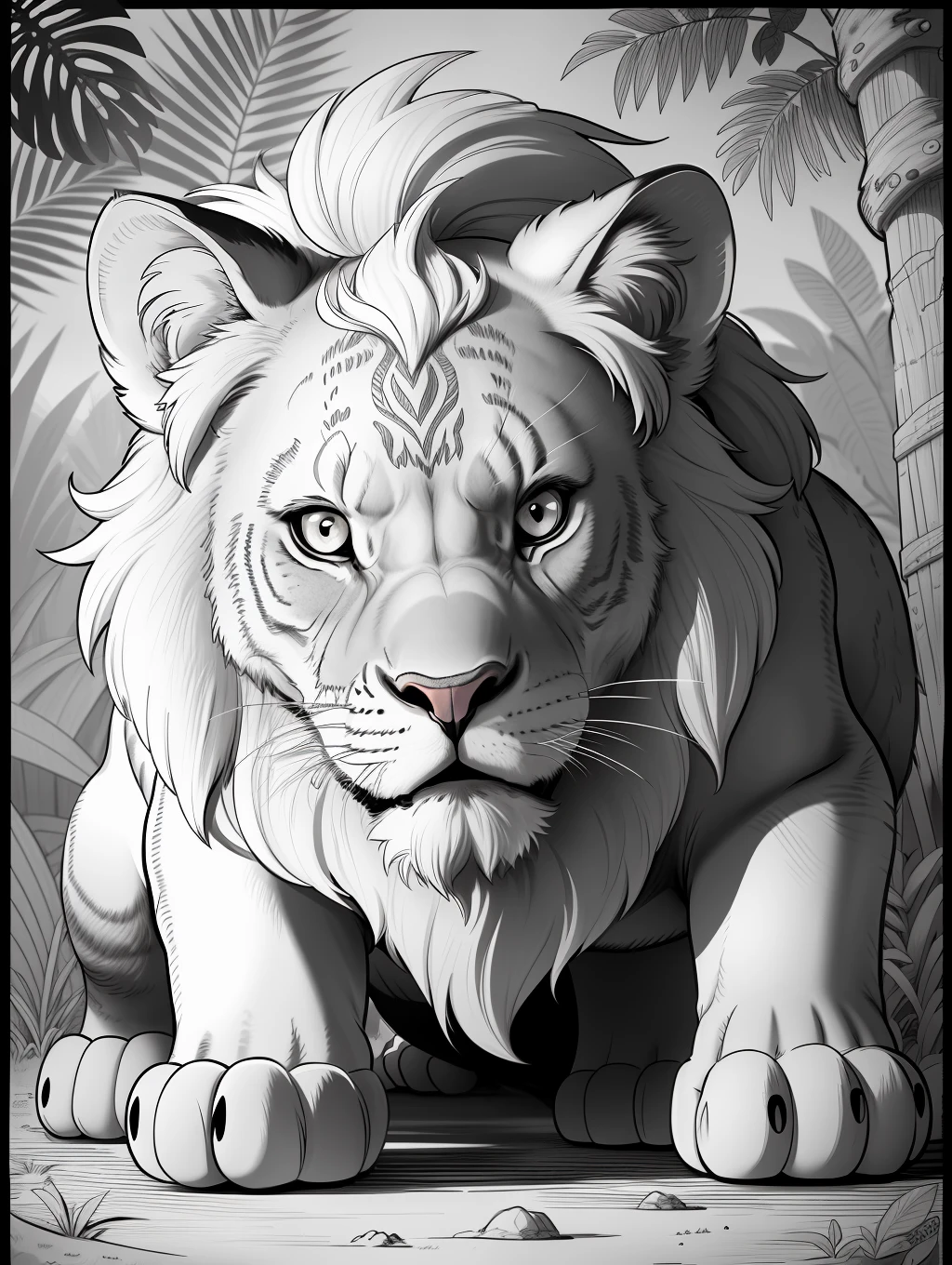 coloring page for kids ,  lion in a jungle ,cartoon style, thick lines , low detail , --no shading, --no color , minimalistic, --s2