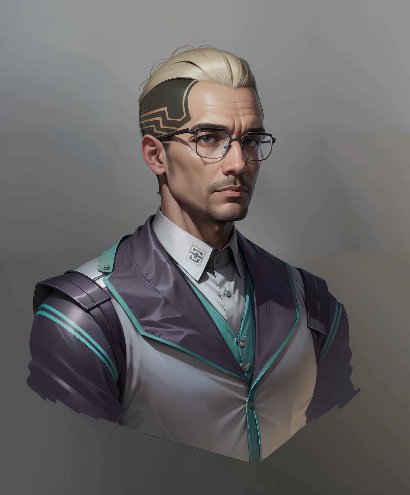 absurd resolution, high resolution, reflection, refraction:1.4 ultra-detailed:1.0 (illustration, line drawing), masterpiece, scientist with glasses, full-length, man (European, Arab, dark-skinned), ugly, middle-aged, 40 years old, work suit (polyester, synthetics), tattoos on the head, scientific uniform, scientist, scientific, biologist, technologist