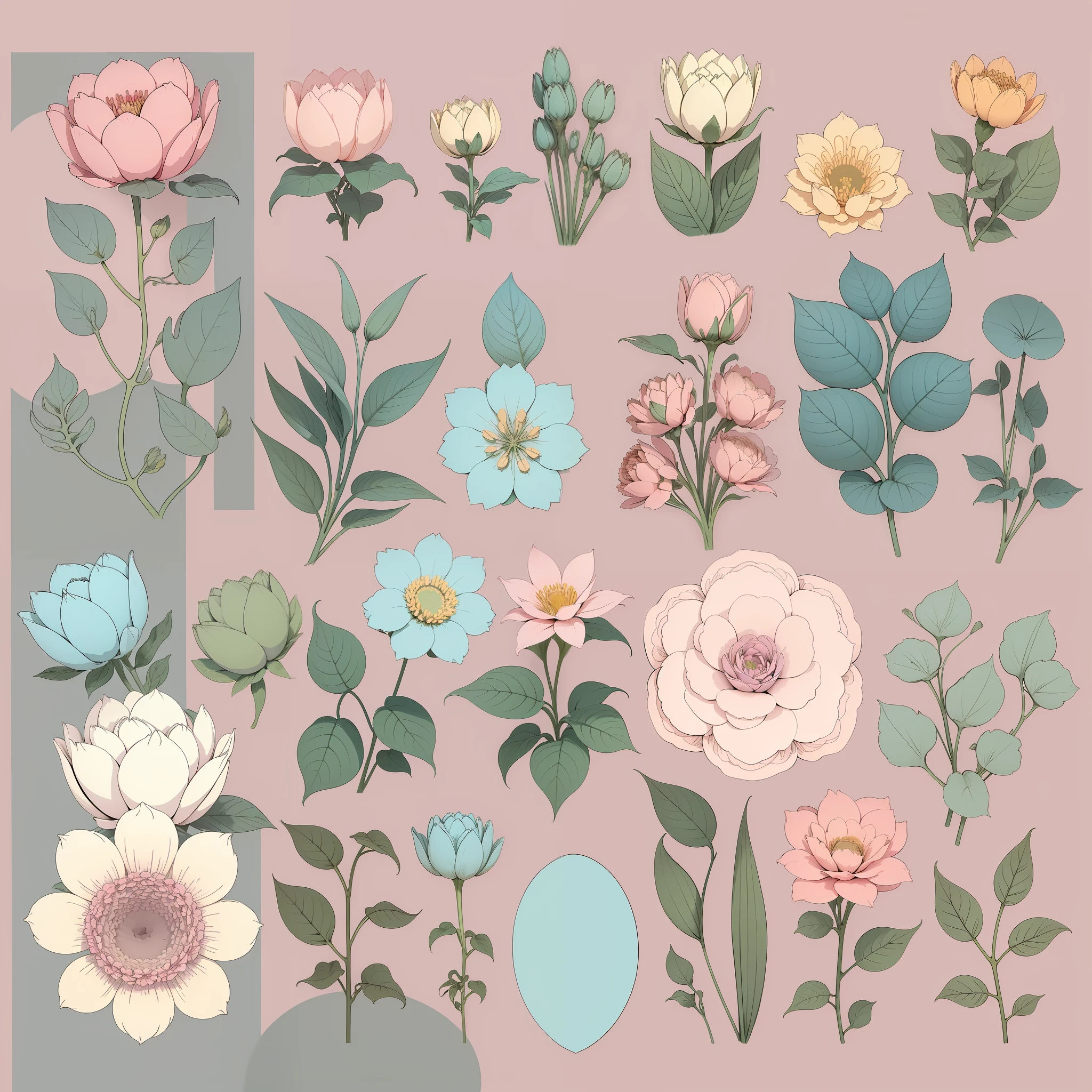Set pattern of large flowers with plants, defined shape, flat style, vector style, drawing style, naïve style, wallpaper style, in soft pastel colors such as old pink, pastel blue, light blue, beige, pastel yellow. No shadows in the images.