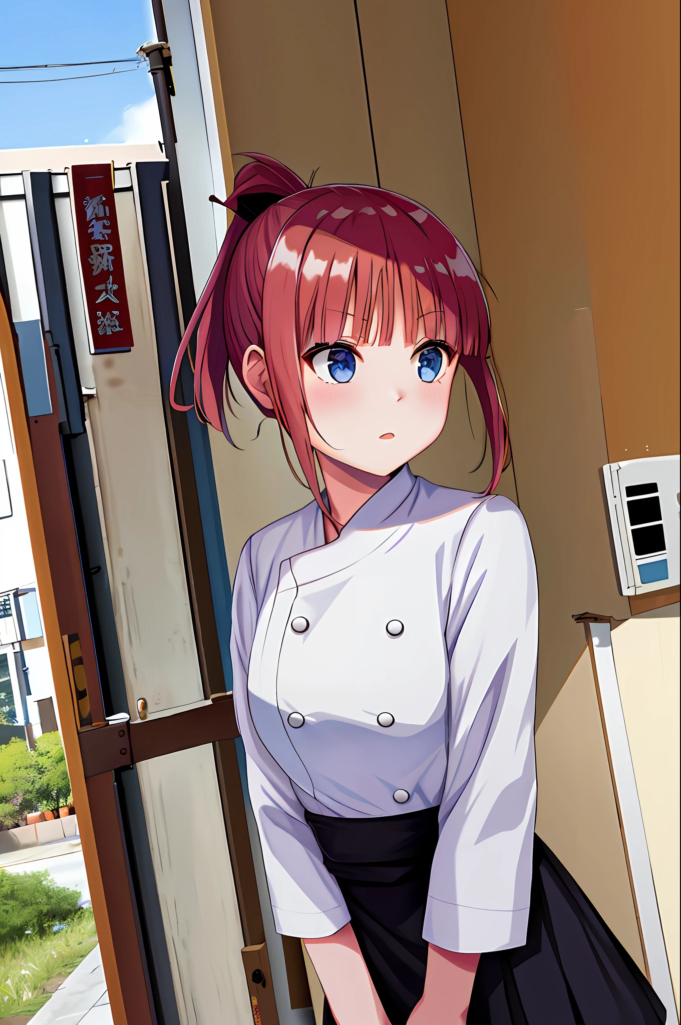masterpiece, best quality, highres, nn1, nakano nino, 1girl, hair ribbon, short hair, ponytail, chef uniform, chef, white shirt, black skirt, bread,