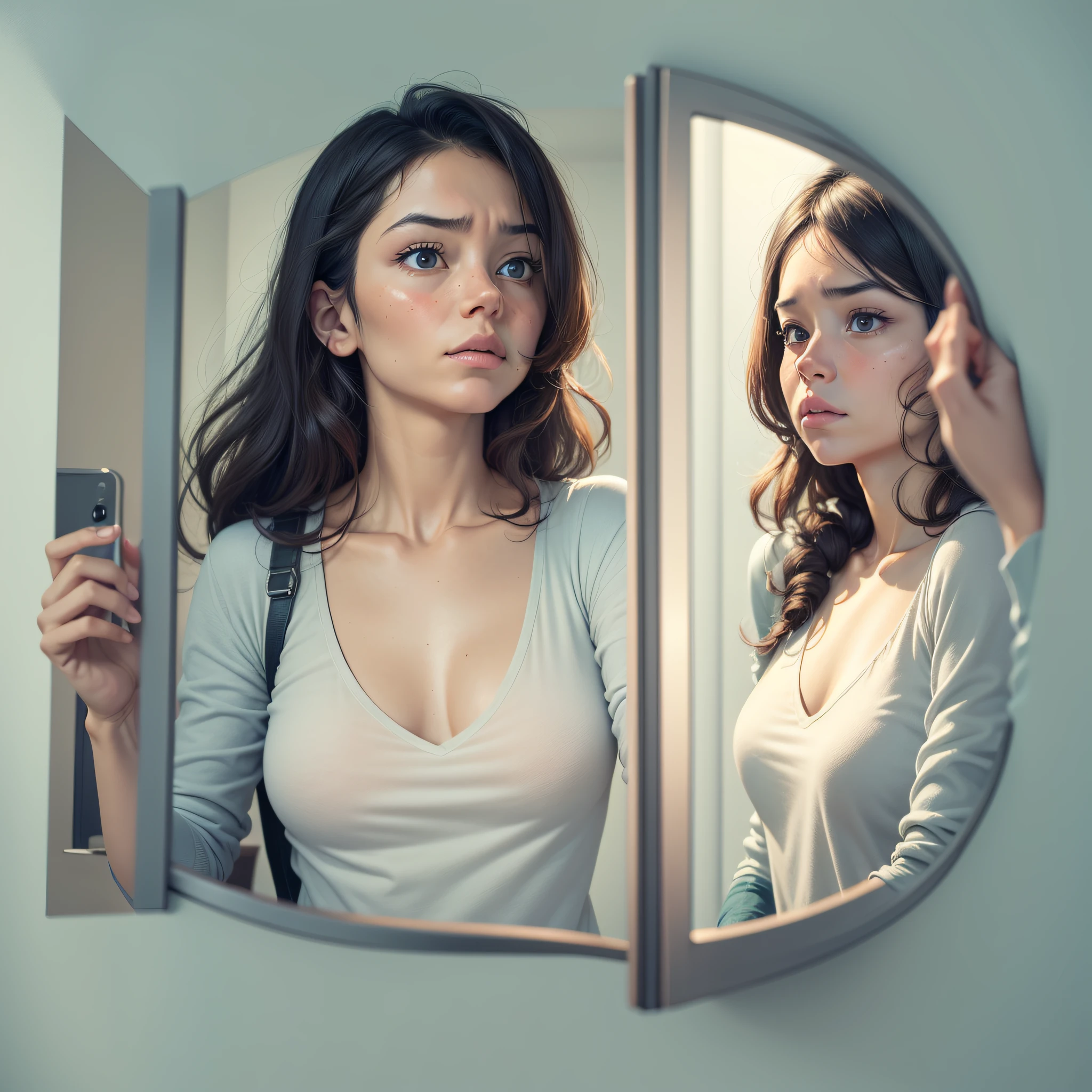 Woman looking at herself in the mirror, and discouraged because she has cartoon style skin problems