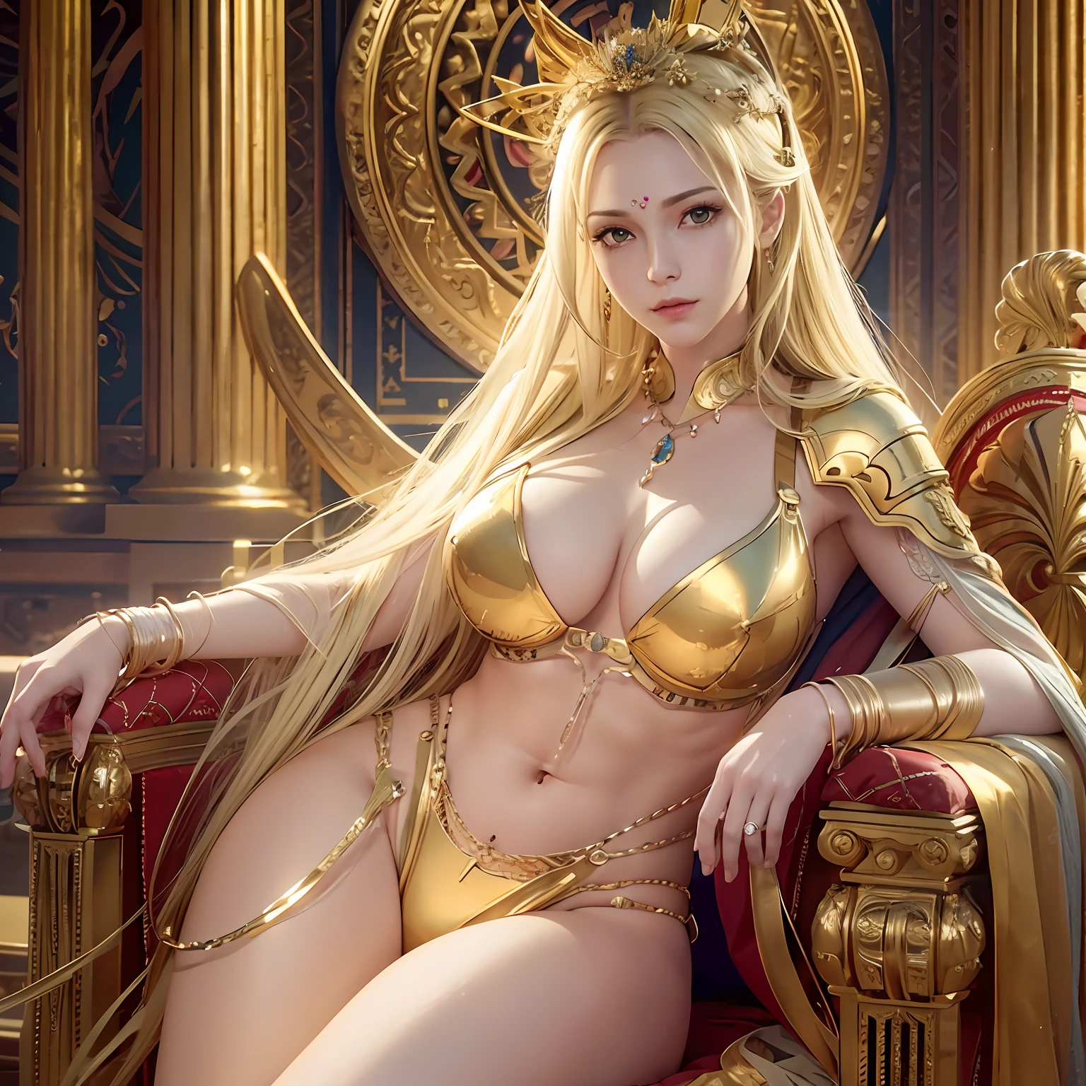 8K,original,official art,ultra highres,photores,photorealistic,ultra high quality,
1girl,gold armor,,Sitting on the Pope's throne,greek mythology,greco-roman architecture,Church,throne,Holy Domain,(((masterpiece))),(((best quality))),((ultra-detailed)),(illustration),(detailed light),((an extremely delicate and beautiful)),dramatic_shadow,ray_tracing,shiny skin,huge breasts,muscular female,(abs:0.6),wide hips,smooth skin,tyndall effect,photorealistic,dark studio,rim lighting,two tone lighting,(high detailed skin:1.2),8k uhd,dslr,soft lighting,high quality,volumetric lighting,candid,Photograph,high resolution,4k,8k,(blonde hair:1.5),