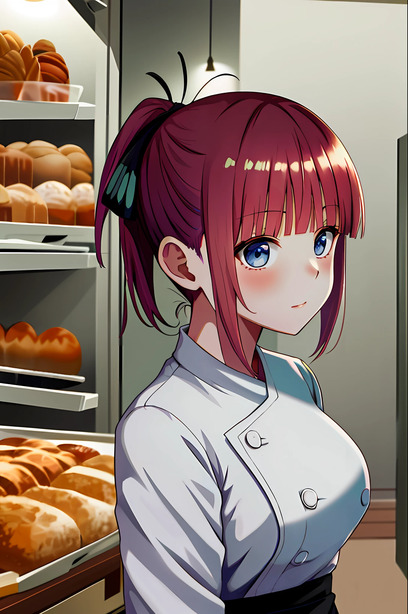 masterpiece, best quality, highres, nn1, nakano nino, 1girl, hair ribbon, short hair, ponytail, chef uniform, chef, white shirt, black skirt, bread, medium breast,