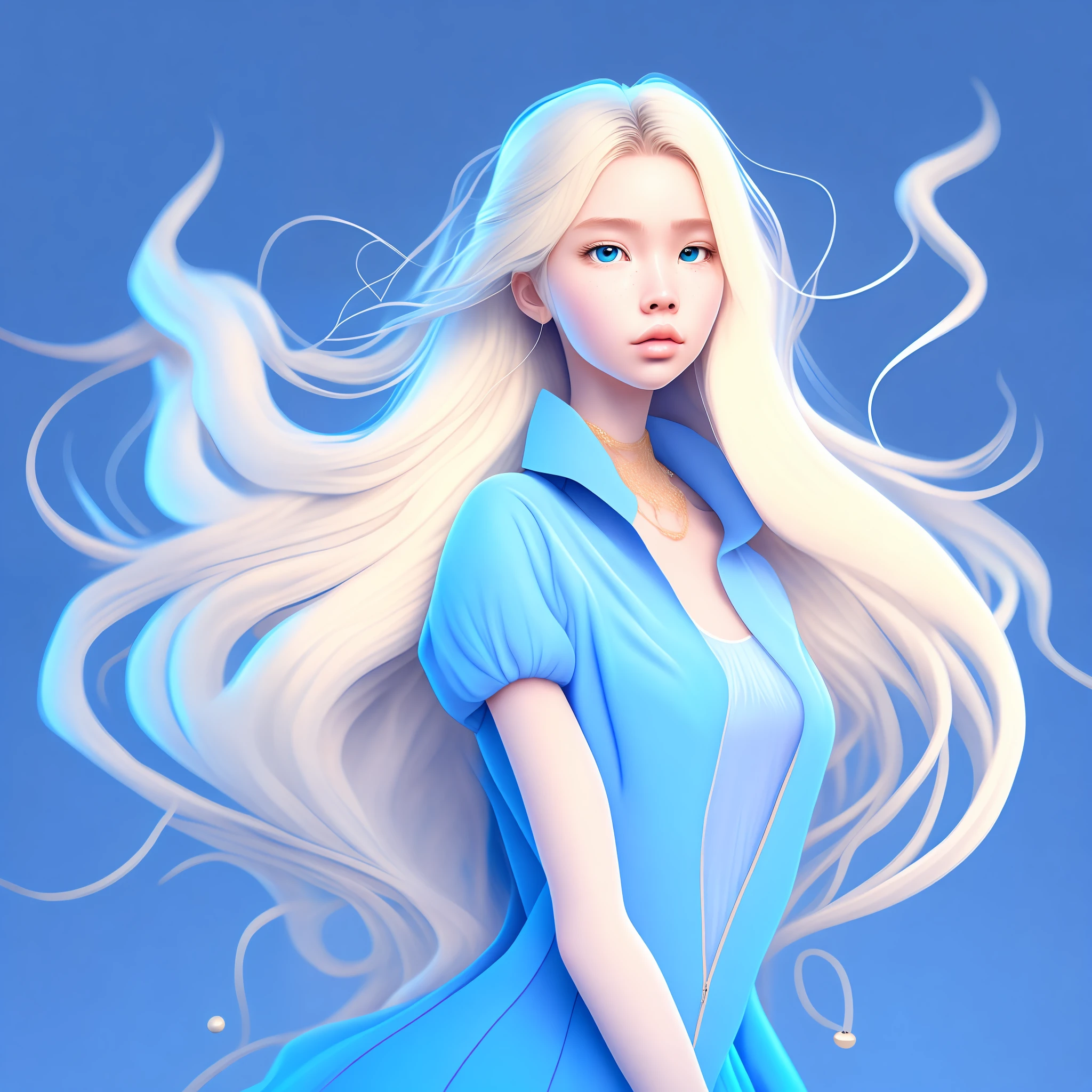 Full body illustration of a beautiful and beautiful girl of surprisingly attractive design with long blonde hair with the tops shining on pins she is floating wearing blue clothes and necklaces, character 3d niji, expressive style, 8K