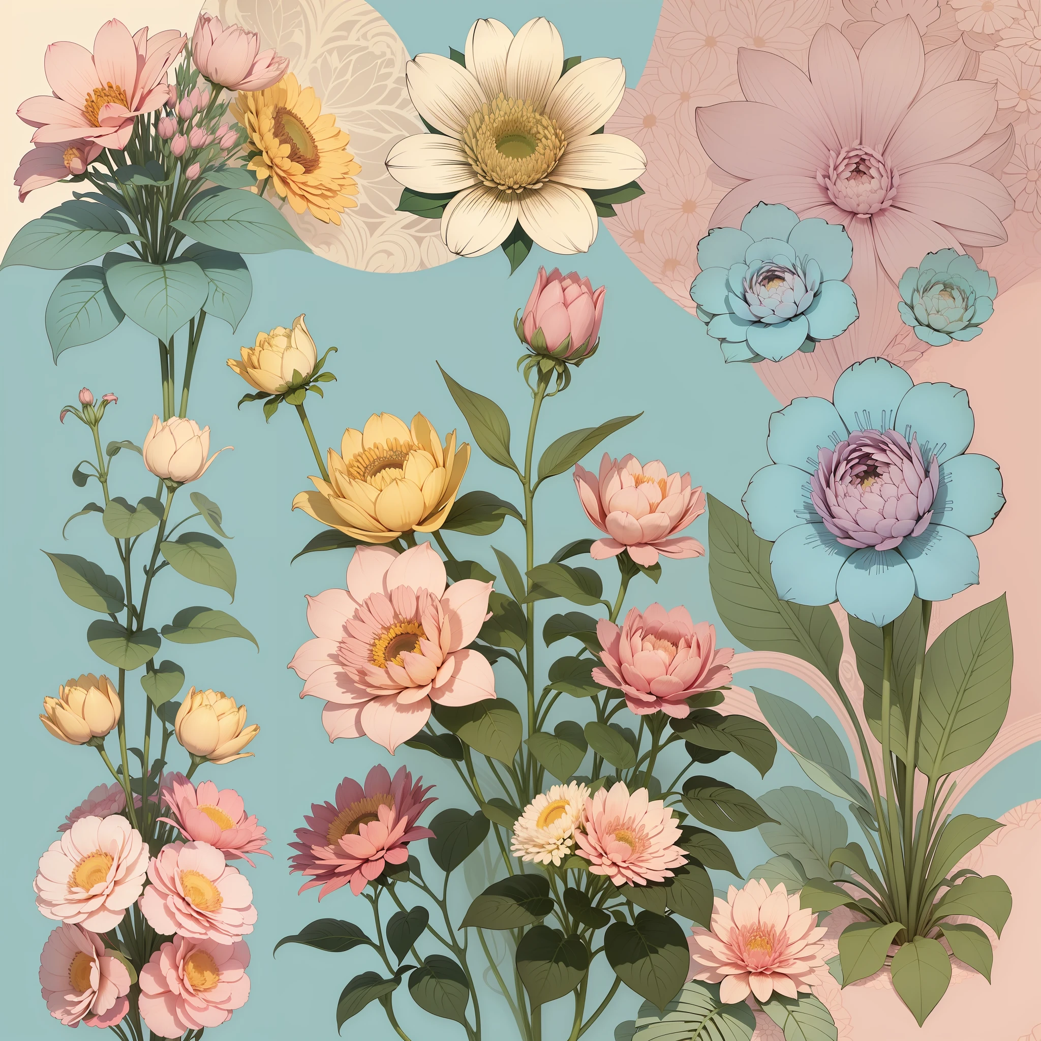 Set pattern of large flowers with plants, defined shape, flat style, vector style, drawing style, naïve style, wallpaper style, in soft pastel colors such as old pink, pastel blue, light blue, beige, pastel yellow. No shadows in the images.
