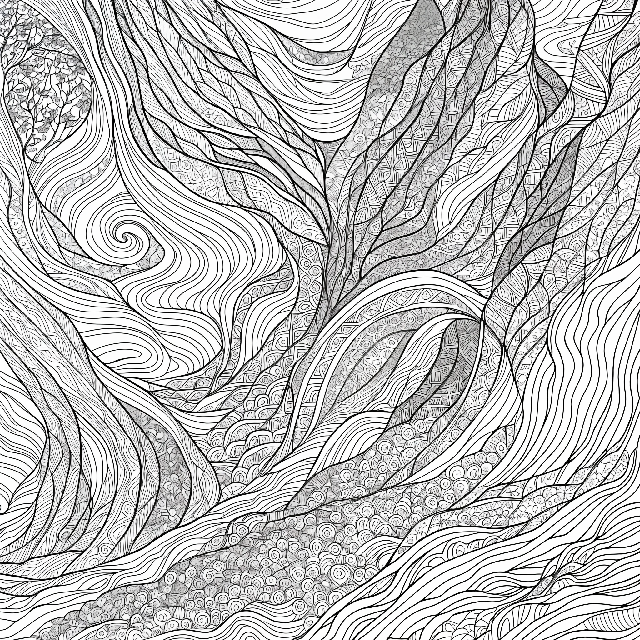 Coloring pages for adults, Bold lines, Dark lines, Forest, Trees and birds, White background, Clean line art, Fine line art, Fantasy, Movement, Picturesque scenes