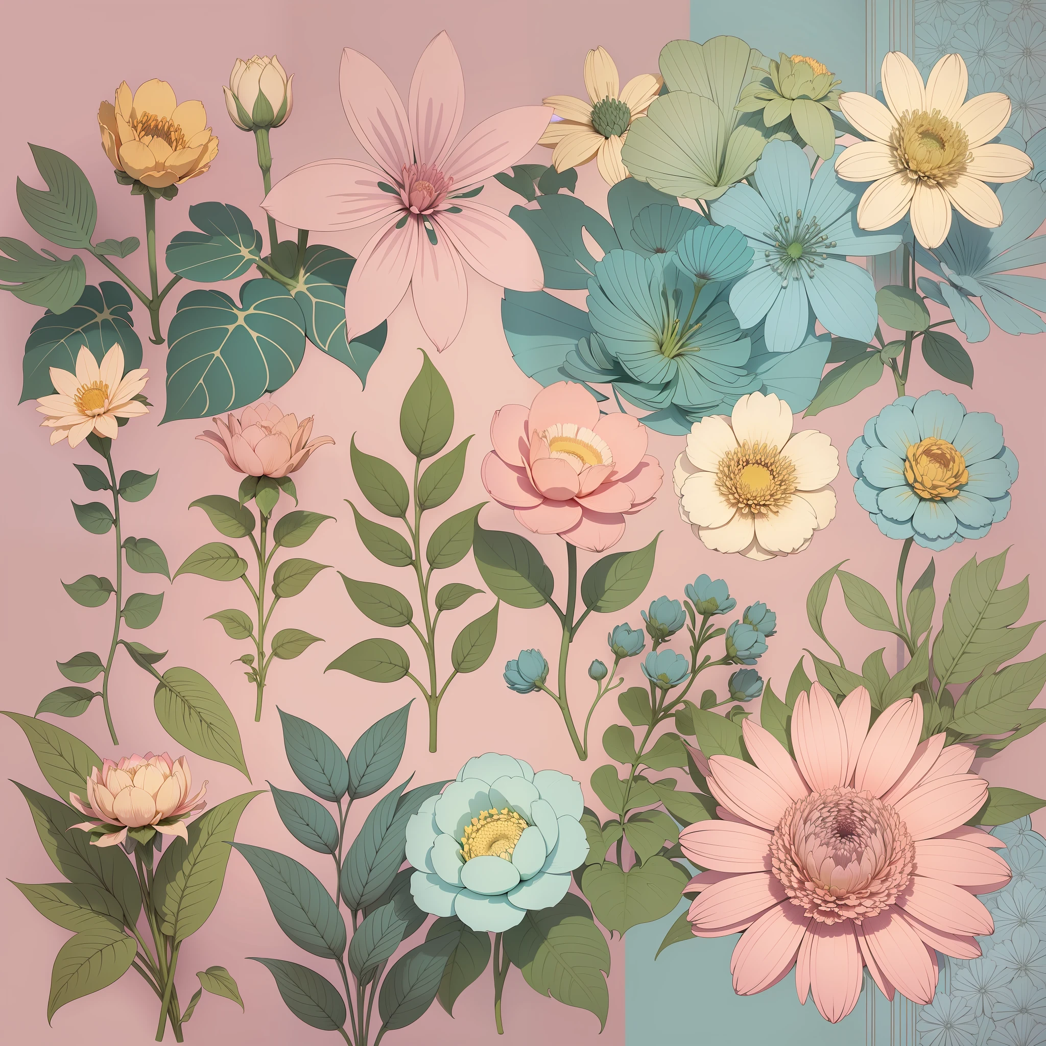 Set pattern of large flowers with plants, defined shape, flat style, vector style, drawing style, naïve style, wallpaper style, in soft pastel colors such as old pink, pastel blue, light blue, beige, pastel yellow. No shadows in the images.