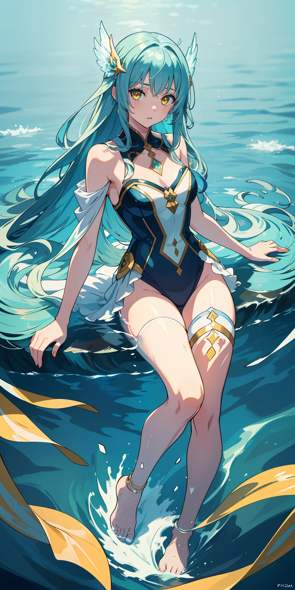 A beautiful girl immersed in water, her long hair flowing through the water. She is adorned in stunning and dynamically colored guardian attire, as depicted in a Pixiv illustration. Her yellow eyes stand out against the water. The background showcases a clear oceanic seascape with crystal-clear waters in incredible and cinematic tones. The overall composition forms a beautiful and illustrative painting, displayed on an extremely detailed 8K CG wallpaper.