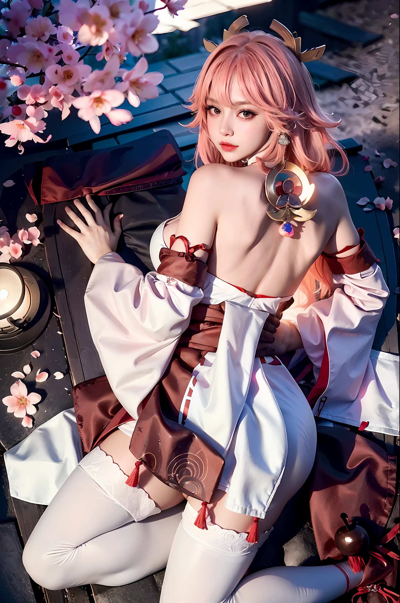 1 Girl, Ultra High Resolution, (Realism, Photo Realism: 1.48), Omertosa, 1Girl, (Kpop Idol), (Aegyo Sal:1), Cute, Bokeh, Night, Professional Lighting, Detail Lighting, Photon Mapping, Teleportion, Physically Based Rendering, White Pantyhose, Backlight, Depth of Field, Hard Focus, Film Grain, One Meter Shooting Distance, Professional Shooting, Shooting with Sony A9 II Mirrorless Camera, Detailed Eyes, Detailed Eyes, Realistic eyes, detailed shadows, look on viewer, dog ears, detailed lighting, (detailed hair, realistic hair, realistic lighting, realistic shadows, realistic clothing), realistic skin, (gun on the waist: 1), realistic light reflection from above, ((back of the arm), (back of the hand), bandeau, sexy, night, stockings, full nude, big breasts, big breasts, cherry blossoms, white dress, white dress, full body, Japanese shrine, pink filter, kneeling, reclining, lying