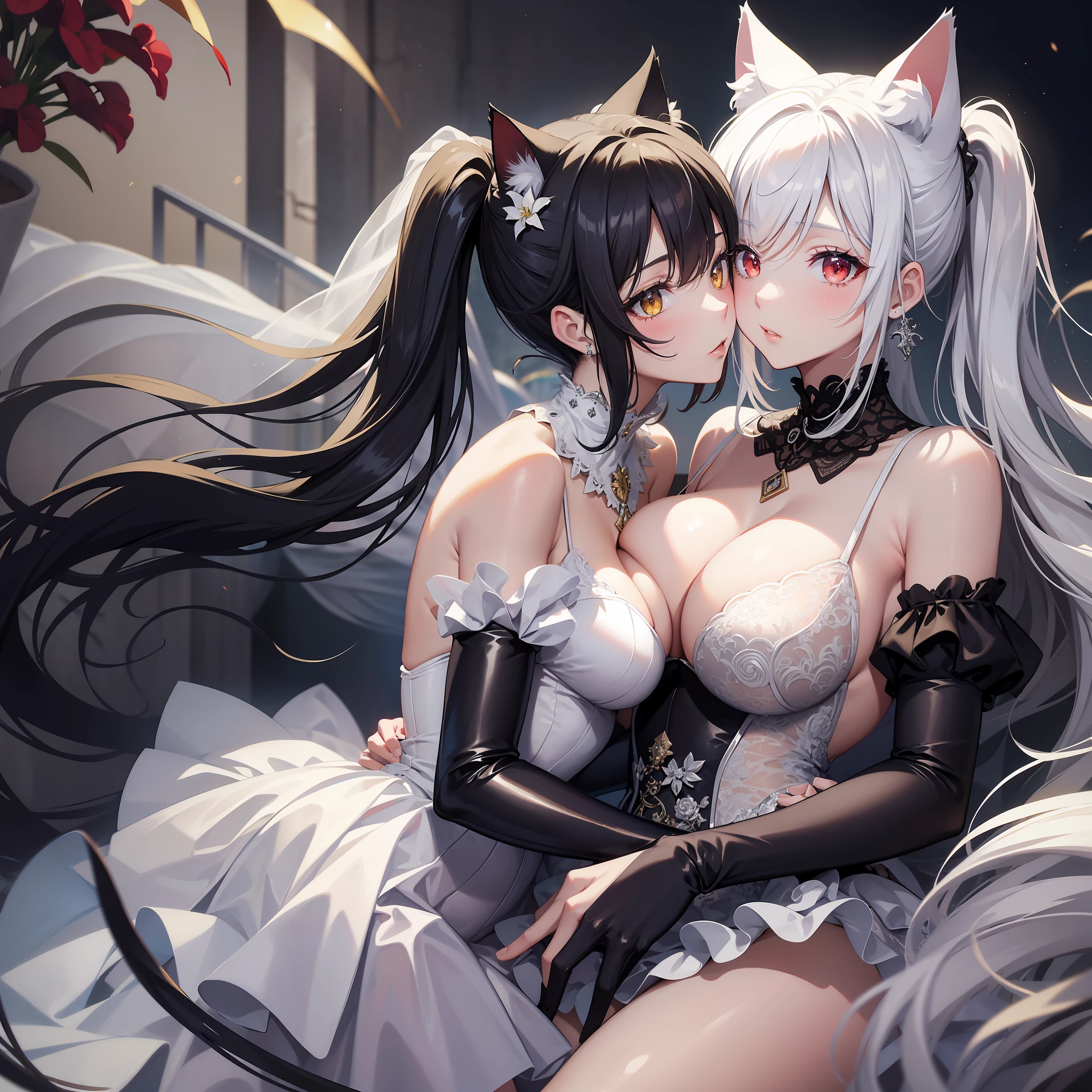 masterpiece, high resolution, high quality, 2 girls, white prom dress, wedding, big breasts, cat ears, red eyes, black hair, ponytail, white prom dress, big breasts, cat ears, yellow eyes, white hair, twin tails, kissing