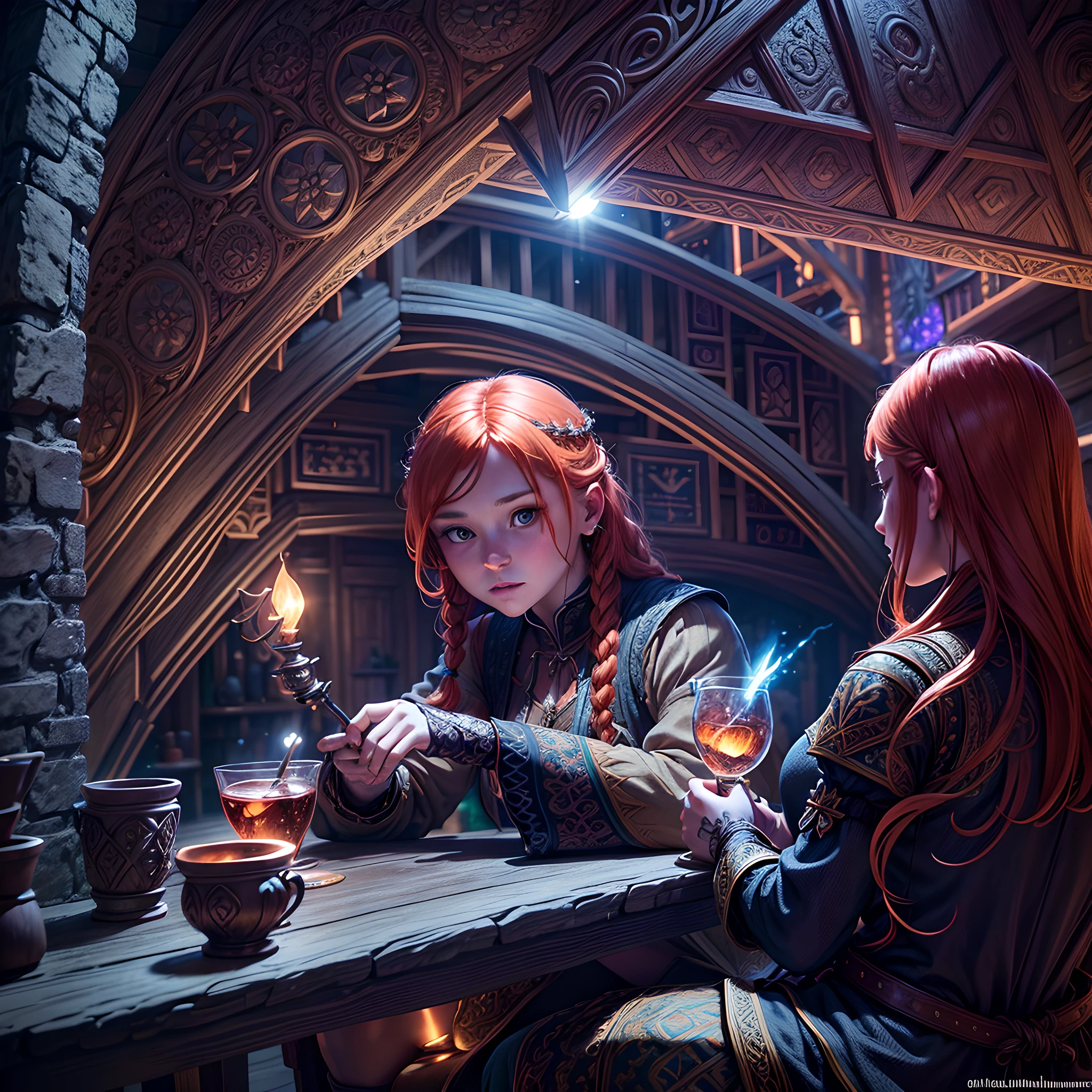 young ginger woman, medieval tale tavern, intricately detailed colorful interior, detailed intense sunrise lightning, best geometry, award wining masterpiece, ultra intricate shadows and lighting, best lighting, best shadows, intricate busy setting, trending on art station, global illumination, selfilluminated, bioluminescence, midjorney style, art by Albert Bierstadt