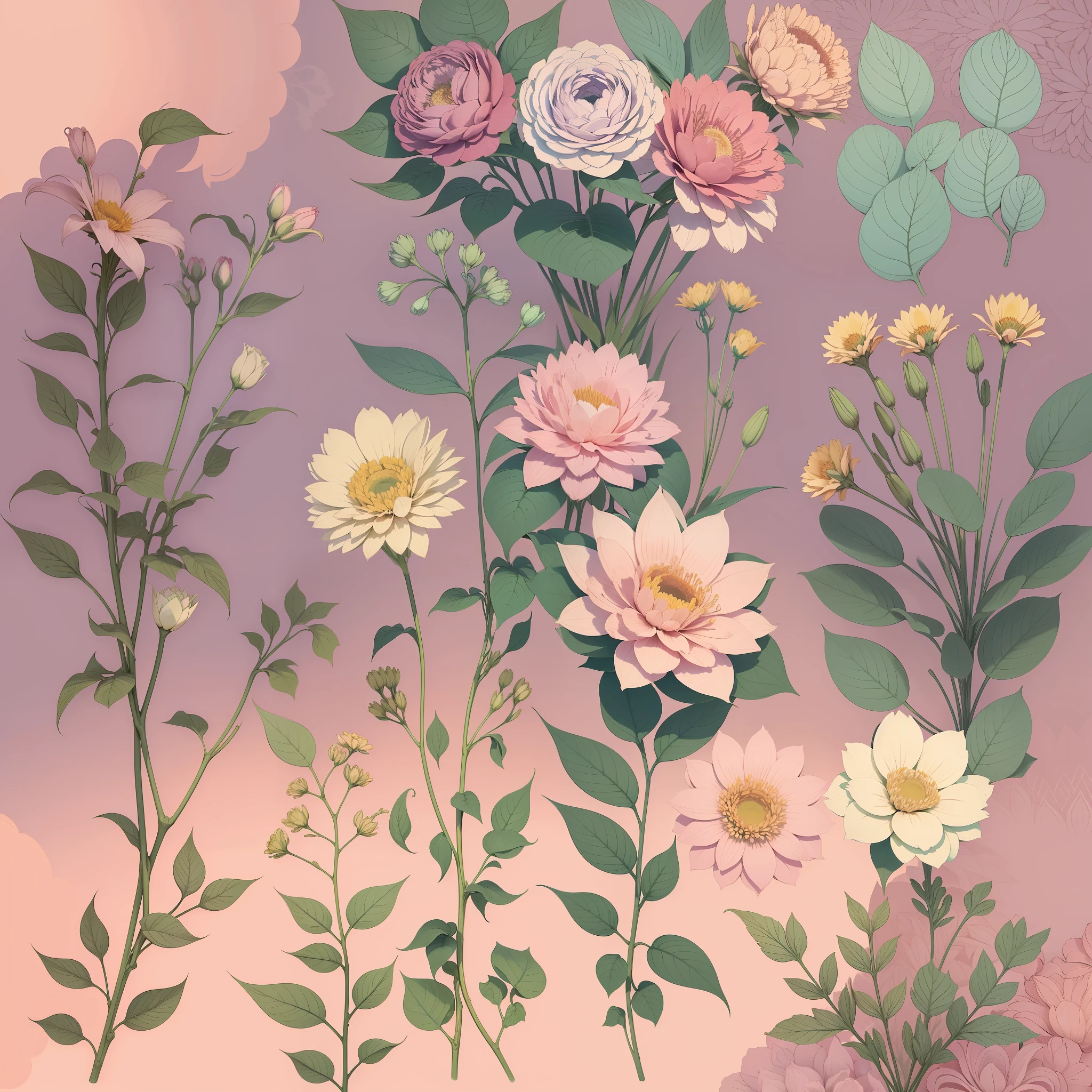 Set pattern of large flowers with plants, defined shape, flat style, vector style, drawing style, naïve style, wallpaper style, in soft pastel colors such as old pink, pastel blue, light blue, beige, pastel yellow. No shadows in the images.