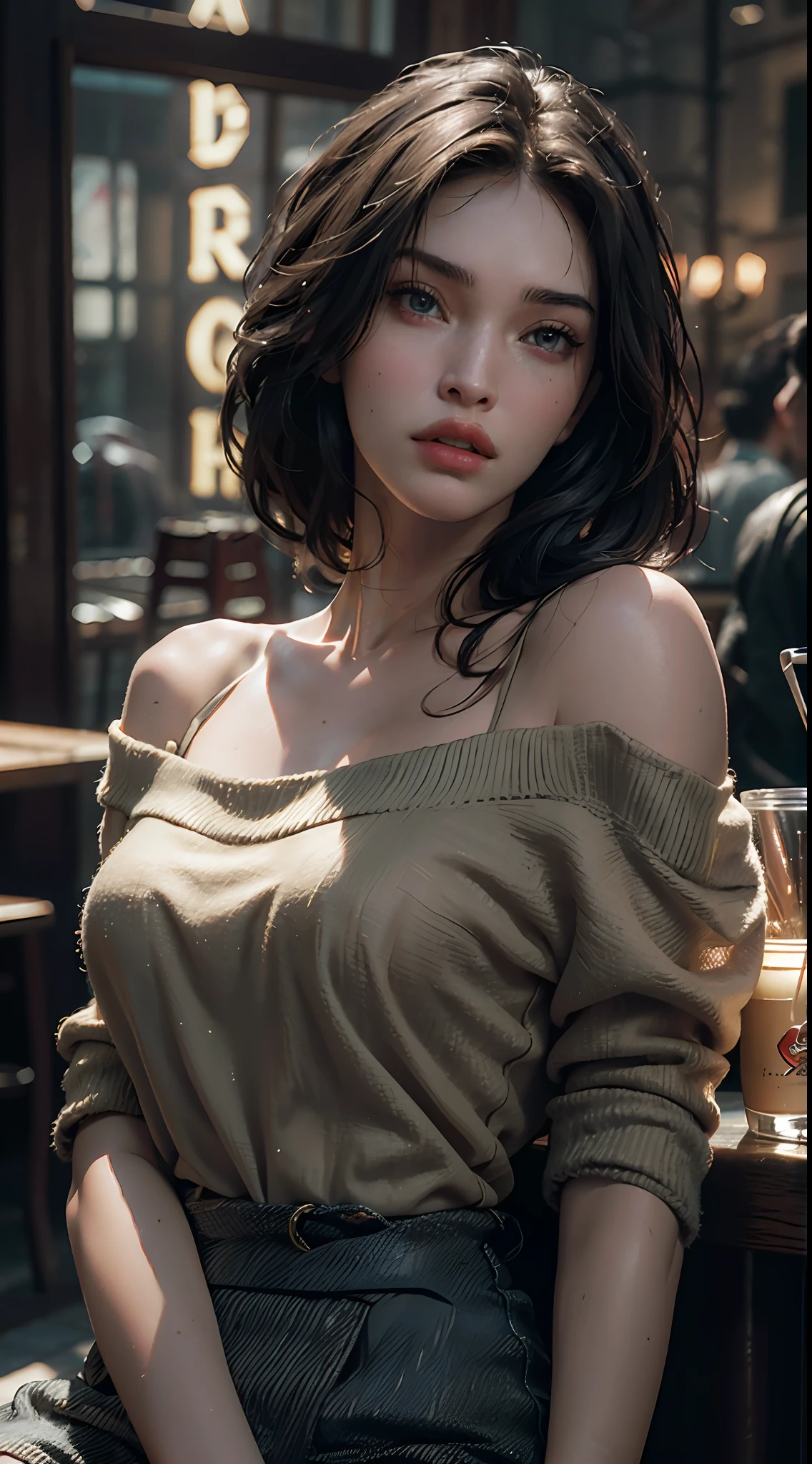 Best quality, masterpiece, ultra high resolution, (photorealistic: 1.4), raw photo, 1girl, off shoulder, cinematic lighting, (Megan Fox: 1.2), holding a vintage camera, cafe style, moody light