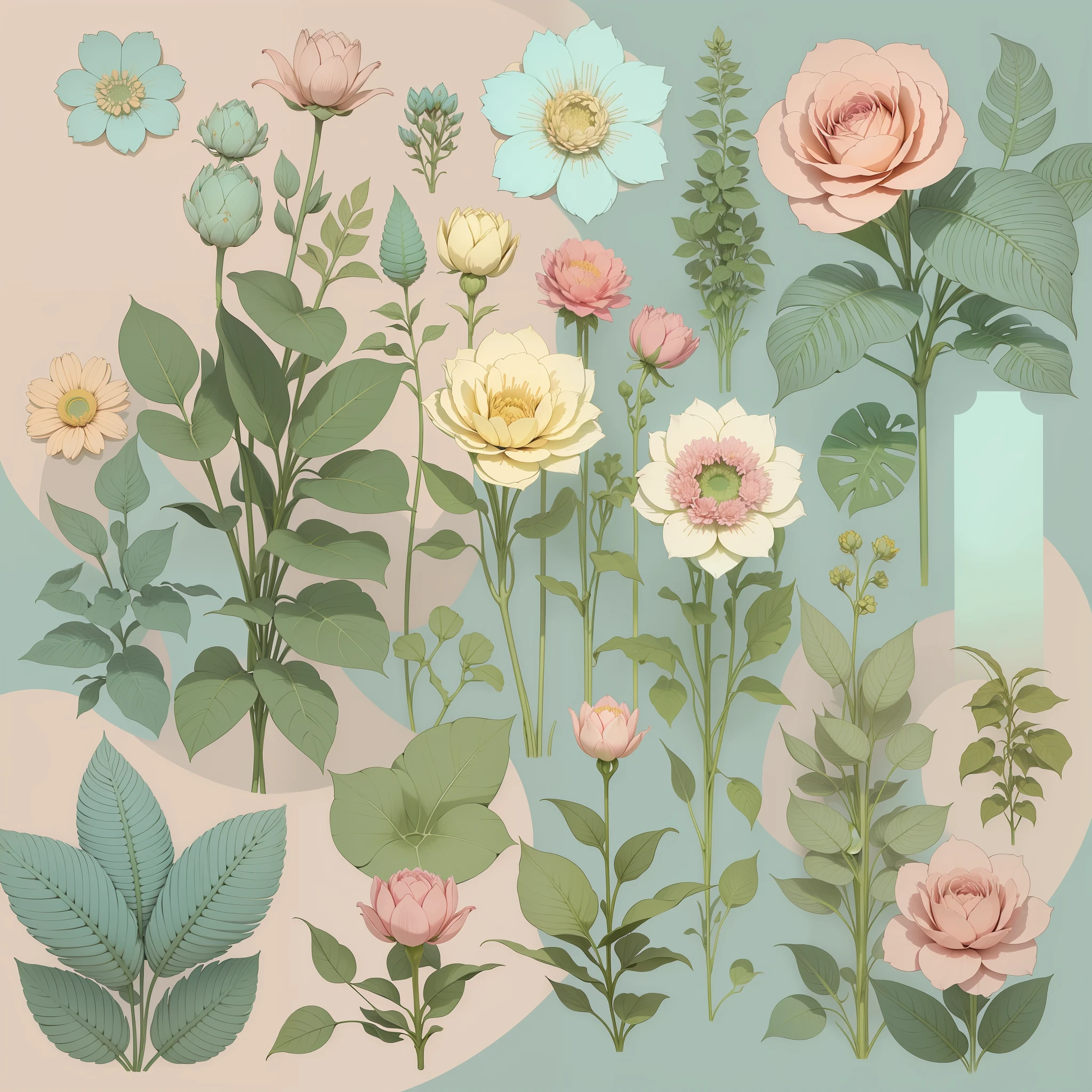Set pattern of large flowers with plants, defined shape, flat style, vector style, drawing style, naïve style, wallpaper style, in soft pastel colors such as old pink, pastel blue, light blue, beige, pastel yellow. No shadows in the images.