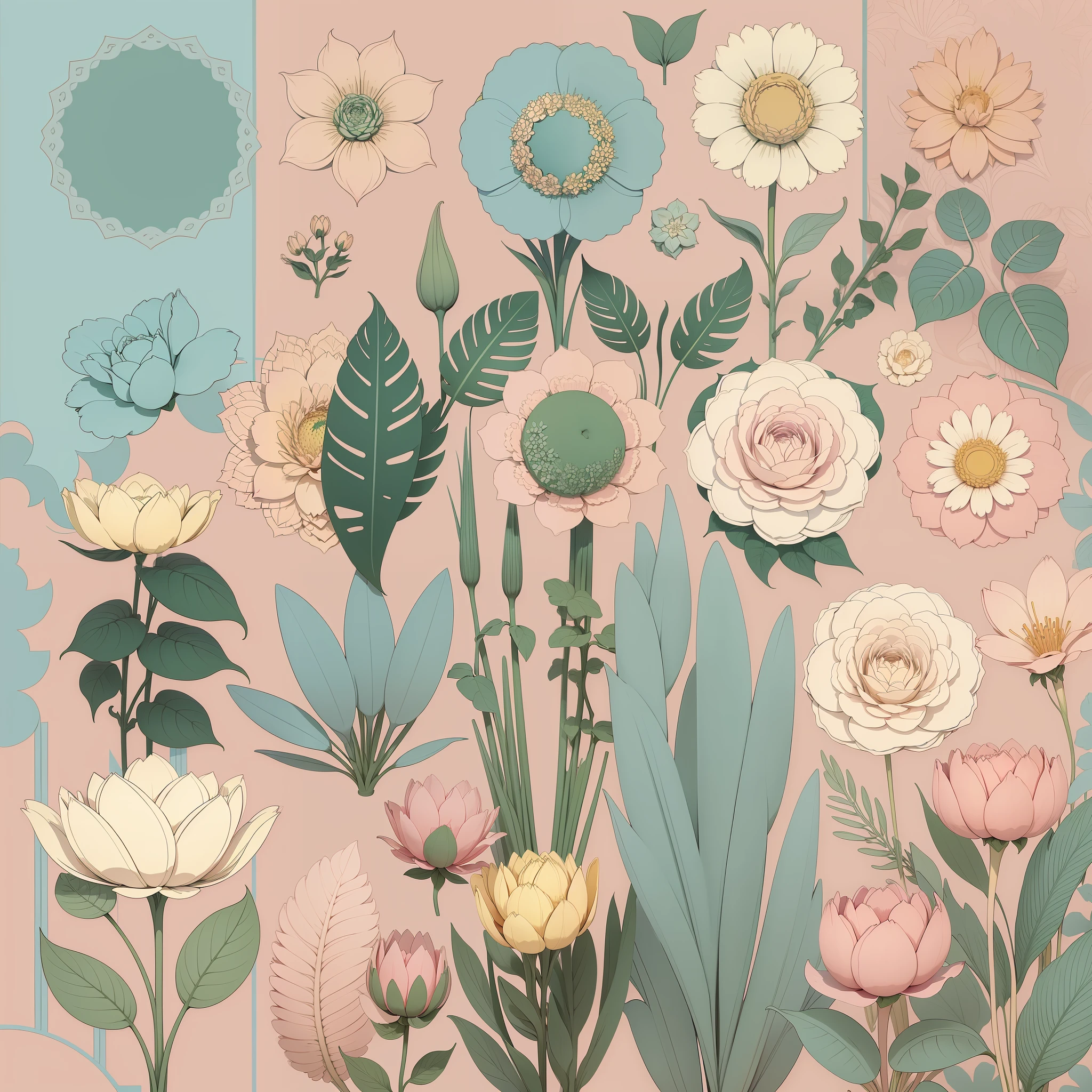 Set pattern of large flowers with plants, defined shape, flat style, vector style, drawing style, naïve style, wallpaper style, in soft pastel colors such as old pink, pastel blue, light blue, beige, pastel yellow. No shadows in the images.