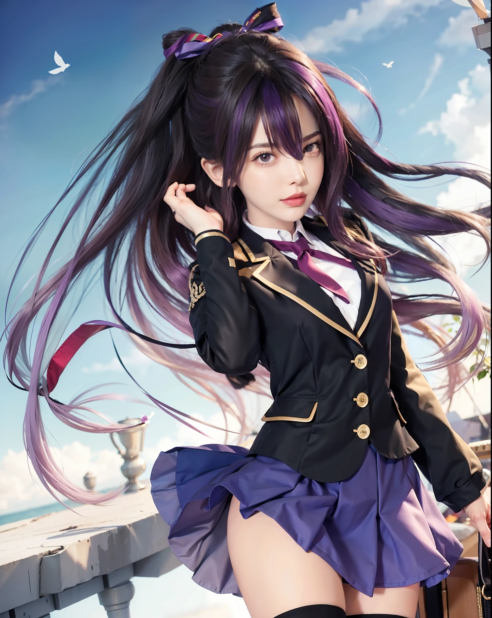 masterpiece, best quality, 1girl portrait, ultra realistic, ray tracing, purple hair, black eye, 8k,