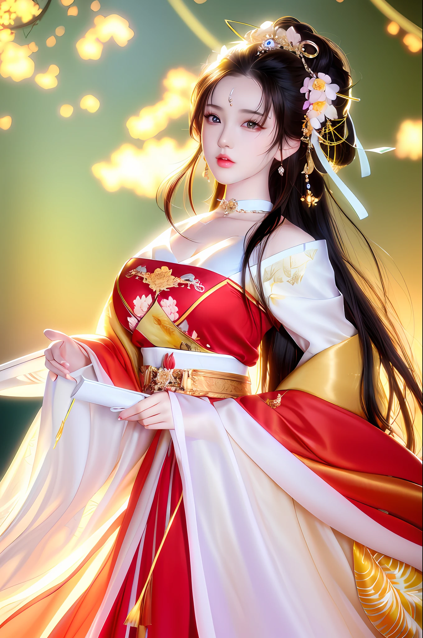 (Masterpiece: 1.0), (Best Quality: 1.4), (Ultra High Resolution: 1.2), (Fine Illustration: 1.4), (8k, RAW Photo: 1.2), (Soft Focus: 1.4), (Sharp Focus: 1.4), (Korea: 1.0), (China: 1.0), (Liu Yifei: 1.3), Ultra-realistic 8k Game CG, Masterpiece, Sunlight, High Quality, Pale Skin, Outrageously Long Brunet, Blue Eyes, Fantasy, Looking at the Audience, Portrait, Film Lighting, Film Bloom, Soft Light , Upper body, Lips, (Masterpiece: 1.4), (Best quality: 1.4), (Shiny skin), Huge breasts, Juice, Puffiness, Large areola, Huge, Round eyes and long hair, symmetrical face, perfect skin, volumetric lighting, stunning environment, highly detailed, ultra-realistic, thick lips, beautiful lips, symmetrical, (yellow skin tone), warm tones, black hair, complex hair accessories, earrings, bracelets, (choker: 1, 3), accessories, hair accessories, big breasts, (flower background ), external shooting,