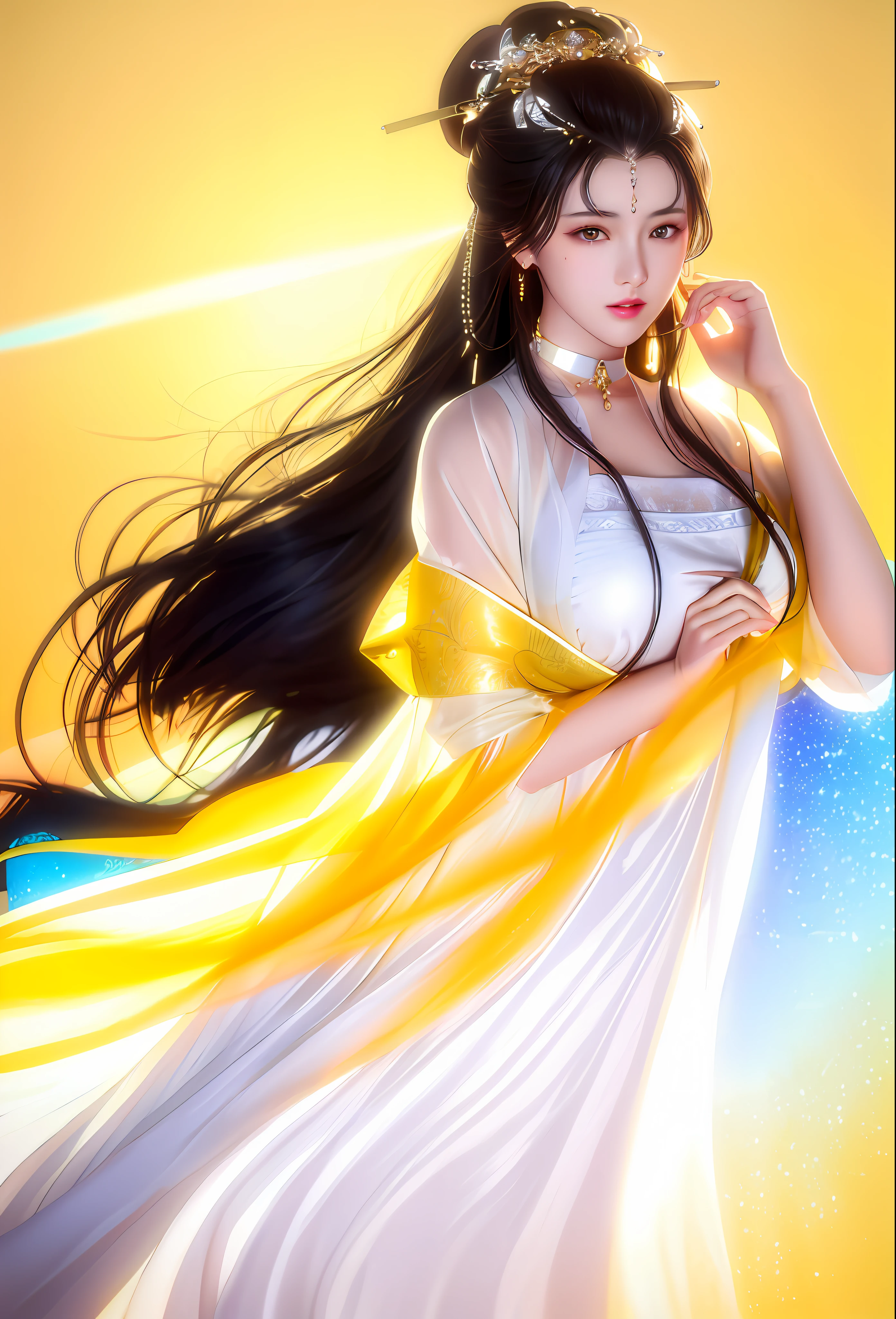 (Masterpiece: 1.0), (Best Quality: 1.4), (Ultra High Resolution: 1.2), (Fine Illustration: 1.4), (8k, RAW Photo: 1.2), (Soft Focus: 1.4), (Sharp Focus: 1.4), (Korea: 1.0), (China: 1.0), (Liu Yifei: 1.3), Ultra-realistic 8k Game CG, Masterpiece, Sunlight, High Quality, Pale Skin, Outrageously Long Brunet, Blue Eyes, Fantasy, Looking at the Audience, Portrait, Film Lighting, Film Bloom, Soft Light , Upper body, Lips, (Masterpiece: 1.4), (Best quality: 1.4), (Shiny skin), Huge breasts, Juice, Puffiness, Large areola, Huge, Round eyes and long hair, symmetrical face, perfect skin, volumetric lighting, stunning environment, highly detailed, ultra-realistic, thick lips, beautiful lips, symmetrical, (yellow skin tone), warm tones, black hair, complex hair accessories, earrings, bracelets, (choker: 1, 3), accessories, hair accessories, big breasts, (flower background ), external shooting,