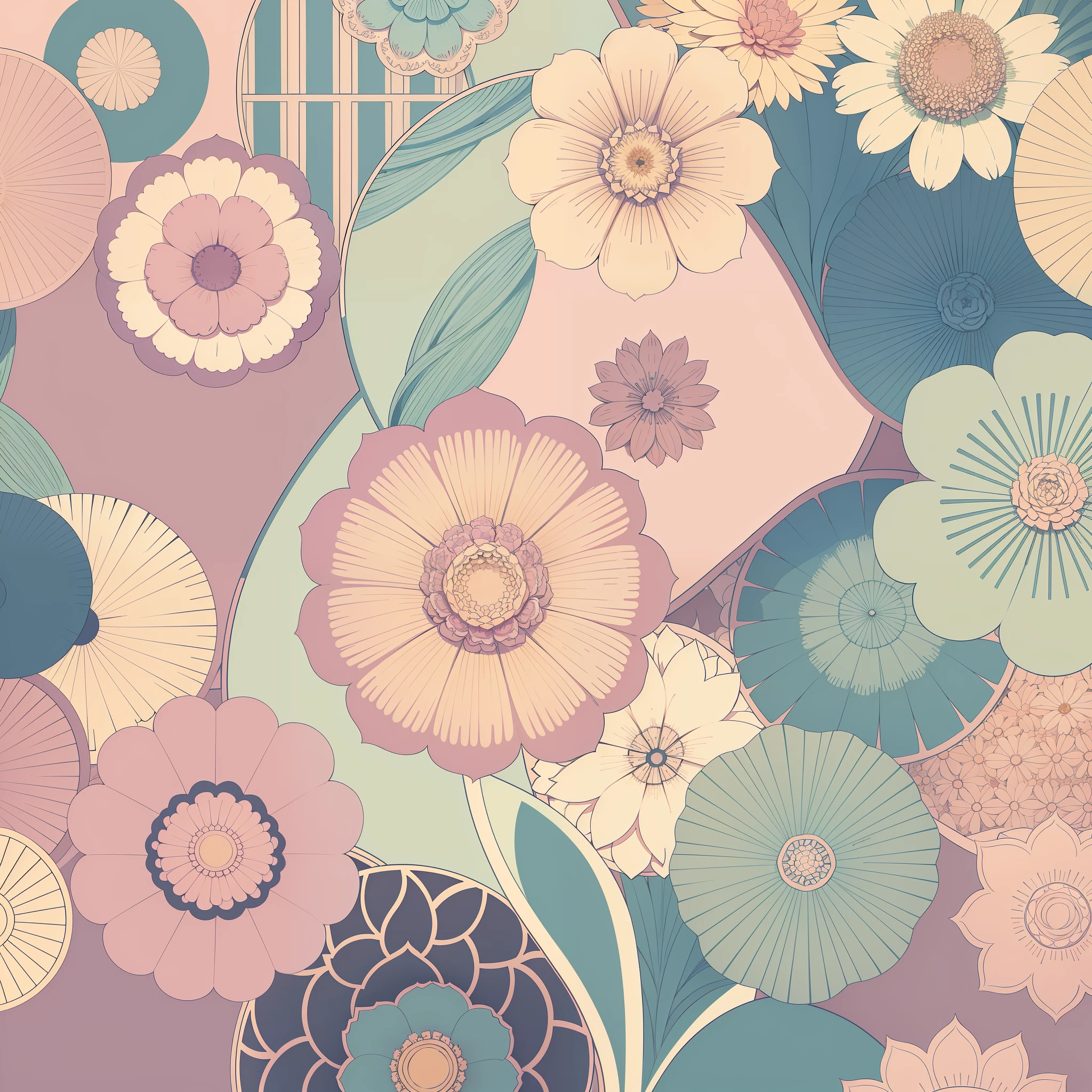 Set pattern of large flowers with plants, defined shape, flat style, vector style, drawing style, naïve style, wallpaper style, in soft pastel colors such as old pink, pastel blue, light blue, beige, pastel yellow. No shadows in the images.