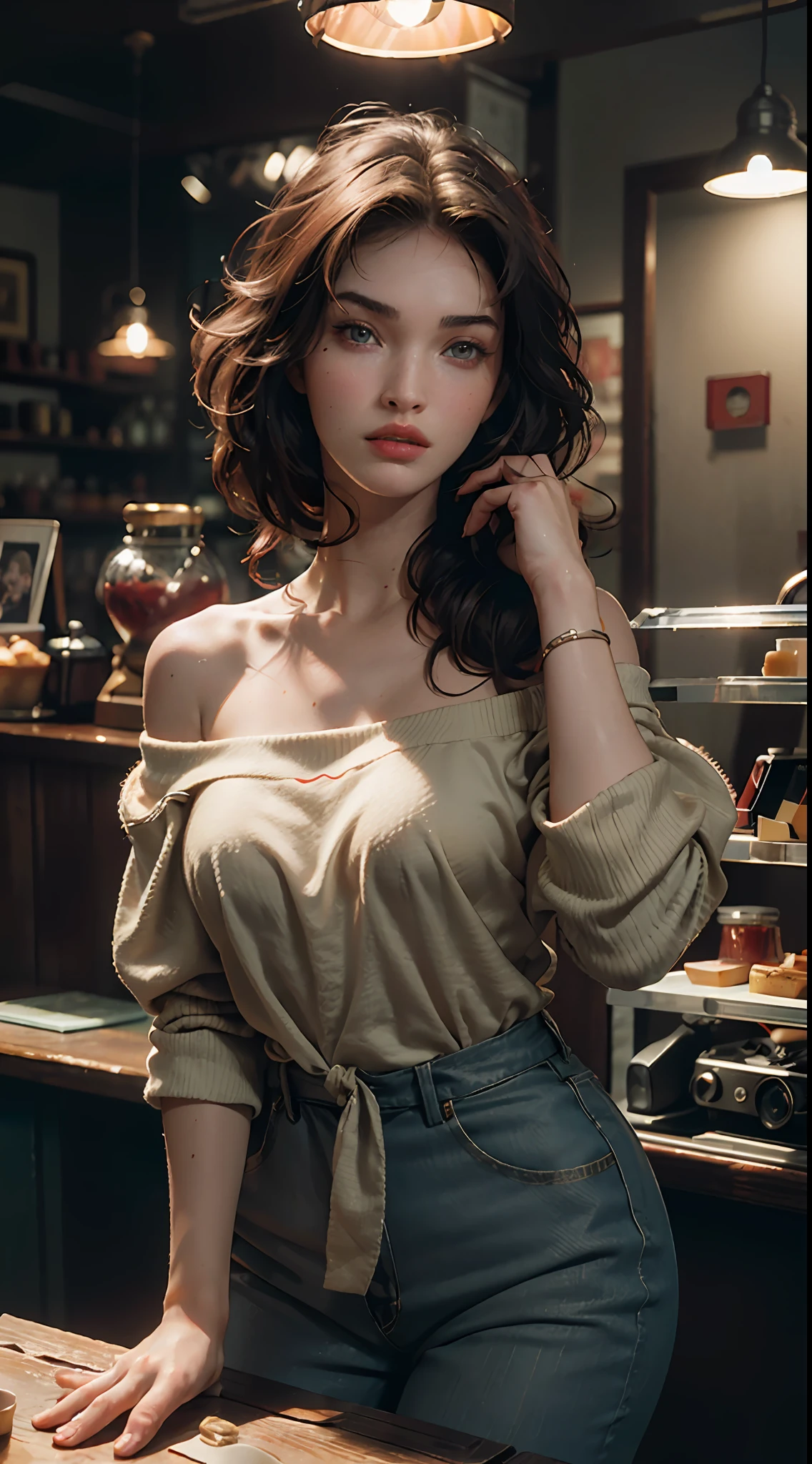 Best quality, masterpiece, ultra high resolution, (photorealistic: 1.4), raw photo, 1girl, off shoulder, cinematic lighting, (Megan Fox: 1.2), holding a vintage camera, cafe style, moody light, red head, light going through hair