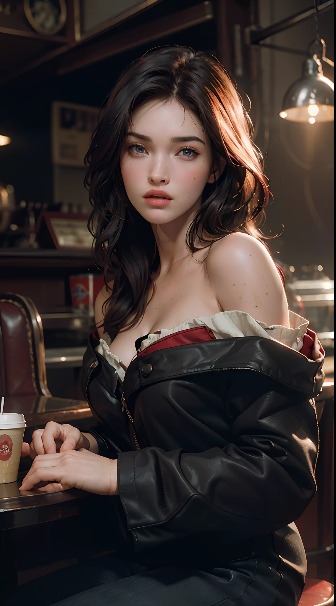 Best quality, masterpiece, ultra high resolution, (photorealistic: 1.4), raw photo, 1girl, off shoulder, cinematic lighting, (Megan Fox: 1.2), holding a vintage camera, cafe style, moody light, red head, light going through hair