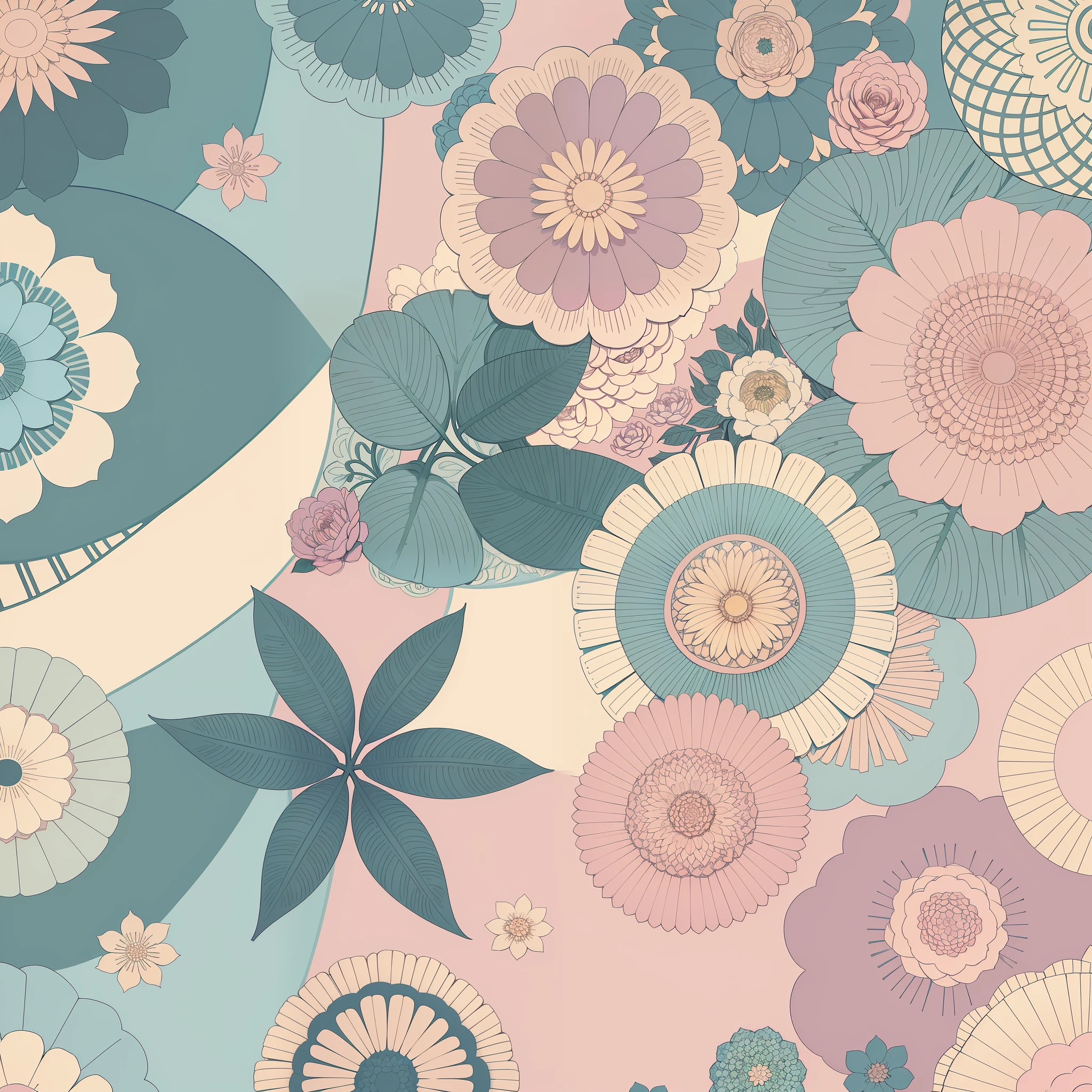 Set pattern of large flowers with plants, defined shape, flat style, vector style, drawing style, naïve style, wallpaper style, in soft pastel colors such as old pink, pastel blue, light blue, beige, pastel yellow. No shadows in the images.