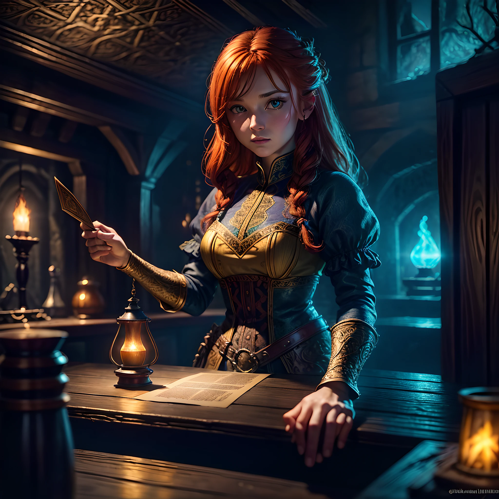 young ginger woman, medieval tale tavern, intricately detailed colorful interior, detailed intense sunrise lightning, best geometry, award wining masterpiece, ultra intricate shadows and lighting, best lighting, best shadows, intricate busy setting, trending on art station, global illumination, selfilluminated, bioluminescence, midjorney style, art by Albert Bierstadt