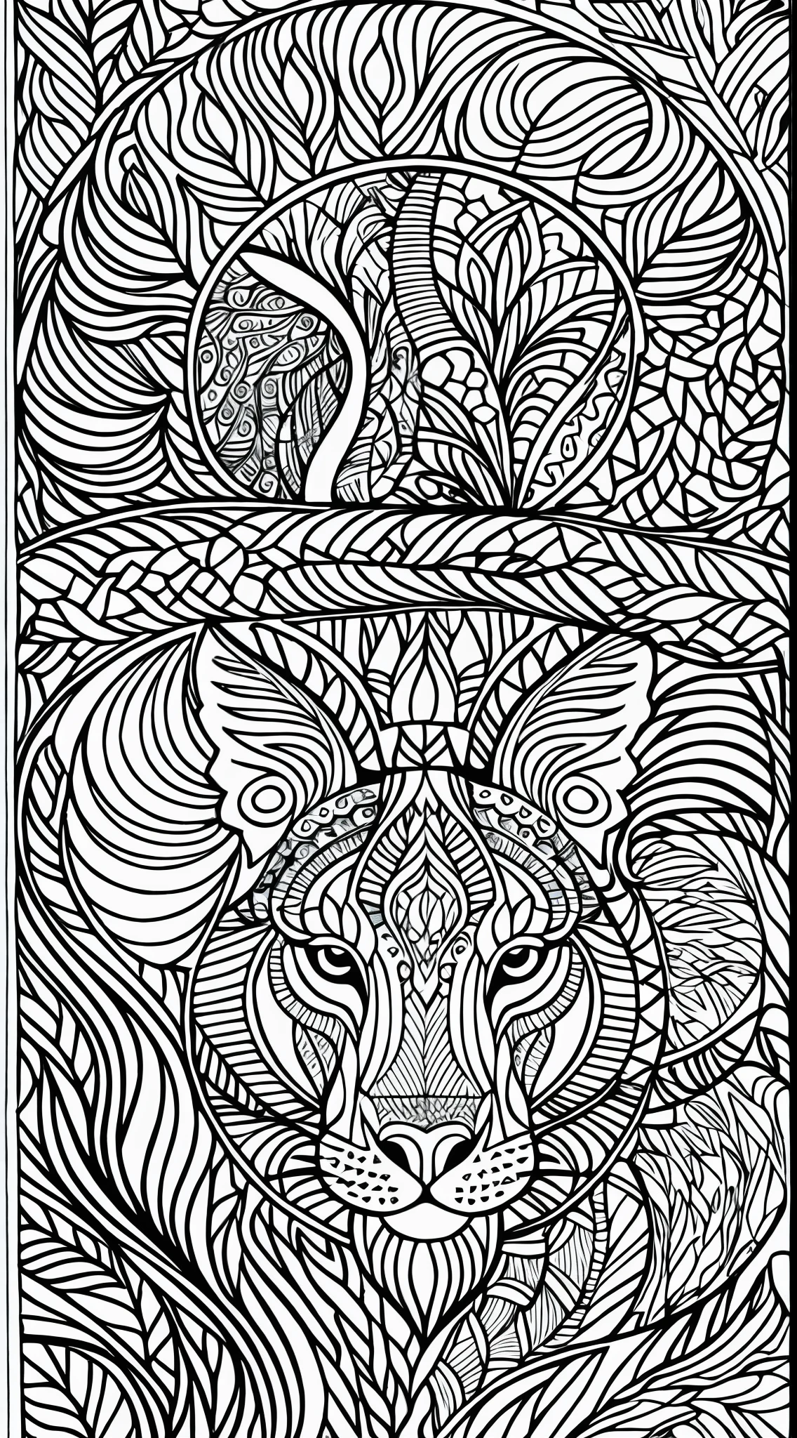 coloring pages for adults, bold lines, dark lines, forest, animals, white background, clean line art, fine line art, movement