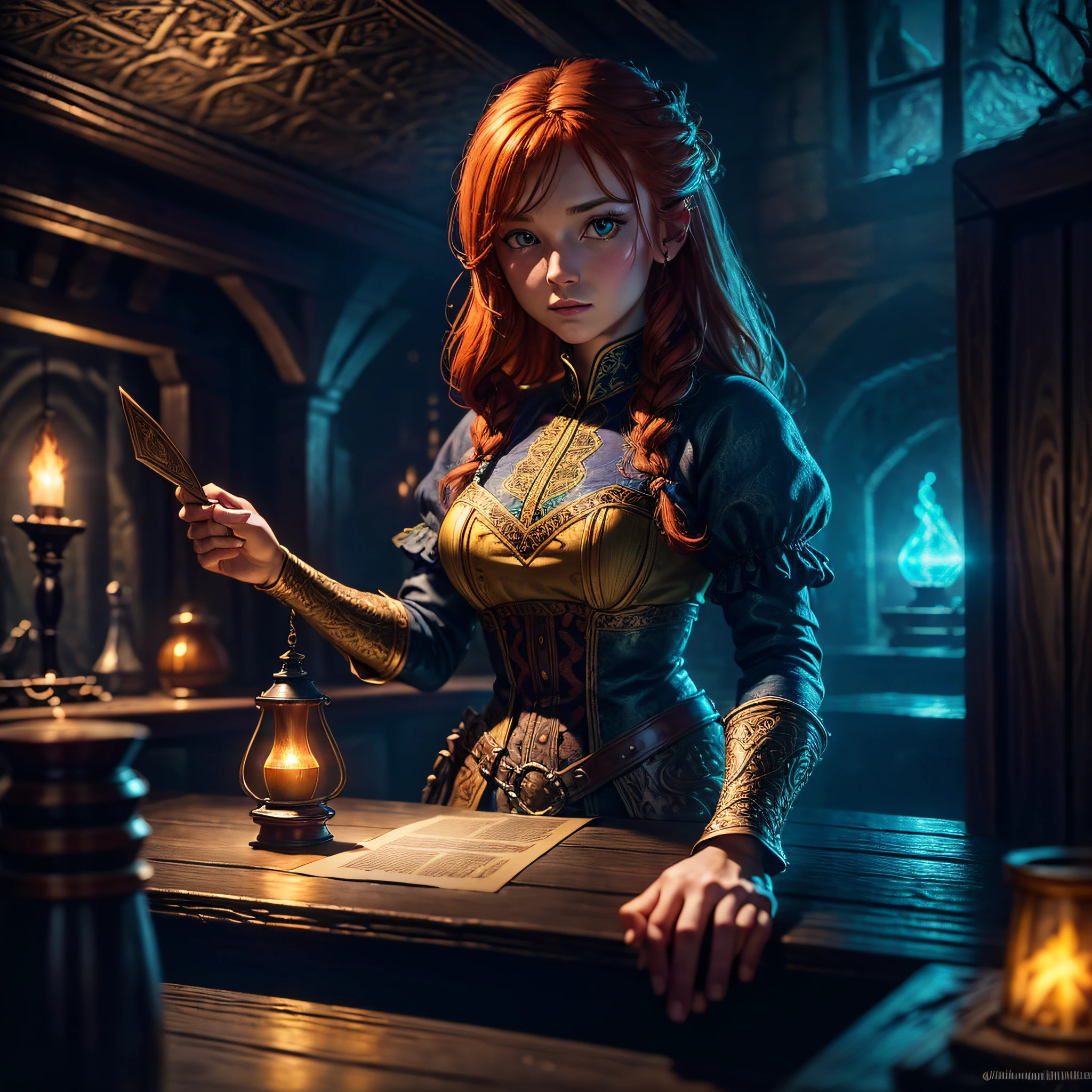 young ginger woman, medieval tale tavern, intricately detailed colorful interior, detailed intense sunrise lightning, best geometry, award wining masterpiece, ultra intricate shadows and lighting, best lighting, best shadows, intricate busy setting, trending on art station, global illumination, selfilluminated, bioluminescence, midjorney style, art by Albert Bierstadt