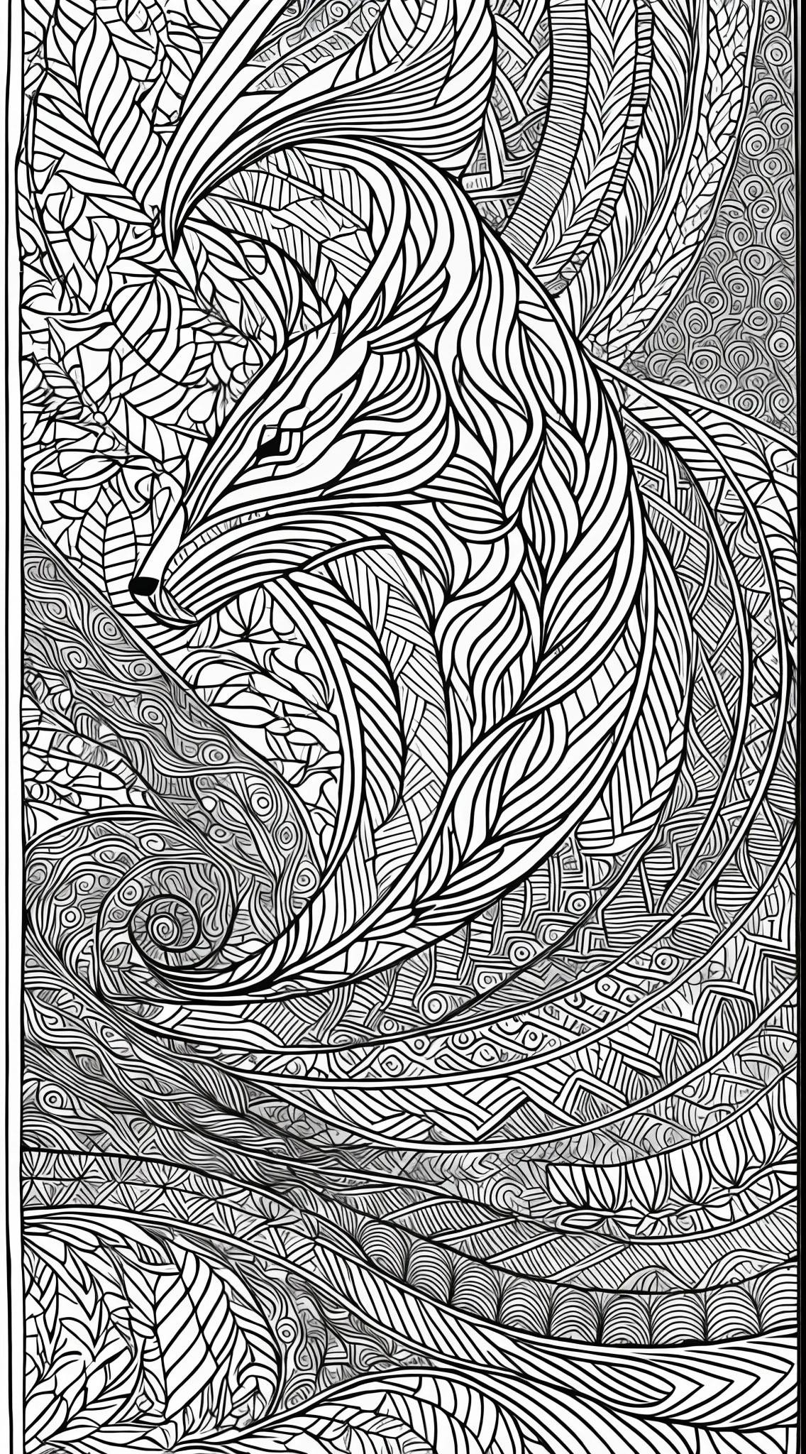 coloring pages for adults, bold lines, dark lines, forest, animals, white background, clean line art, fine line art, movement