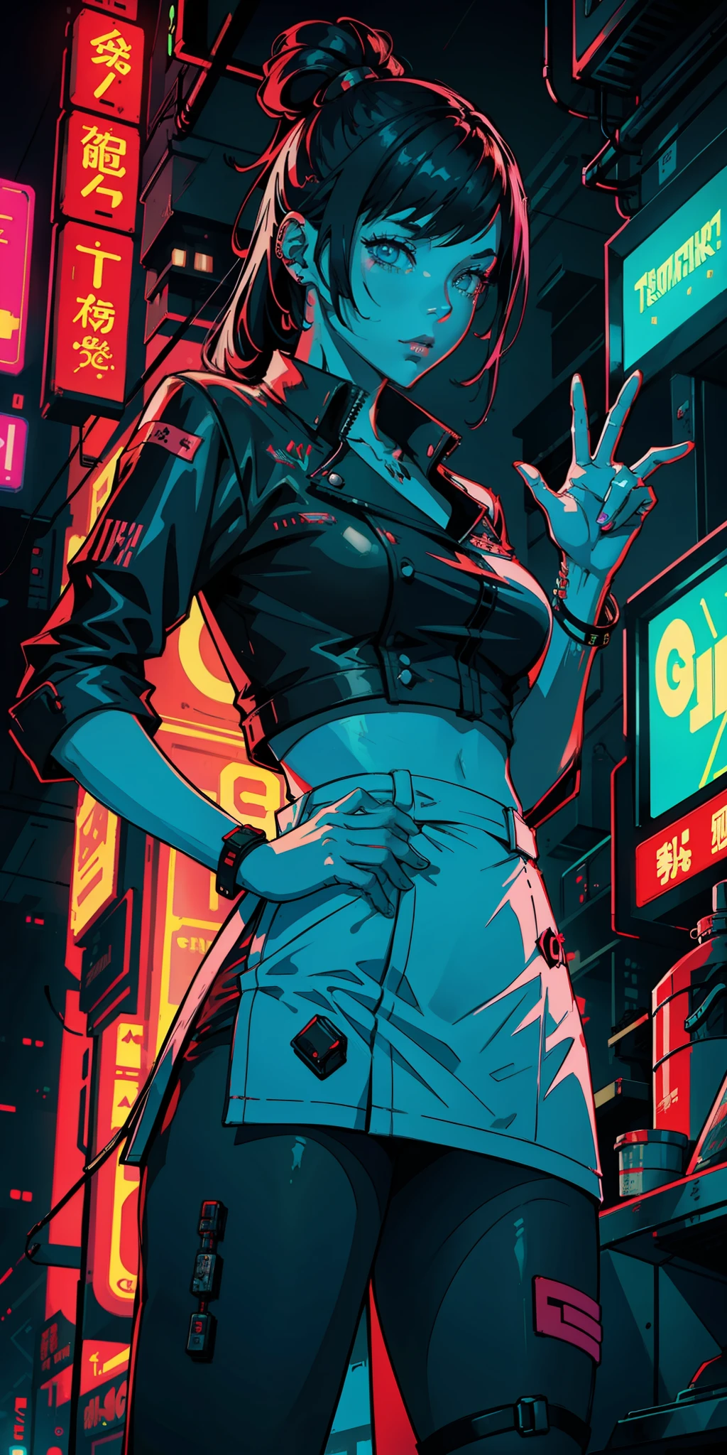 Female chef with yummy hand sign ( neon cyberpunk