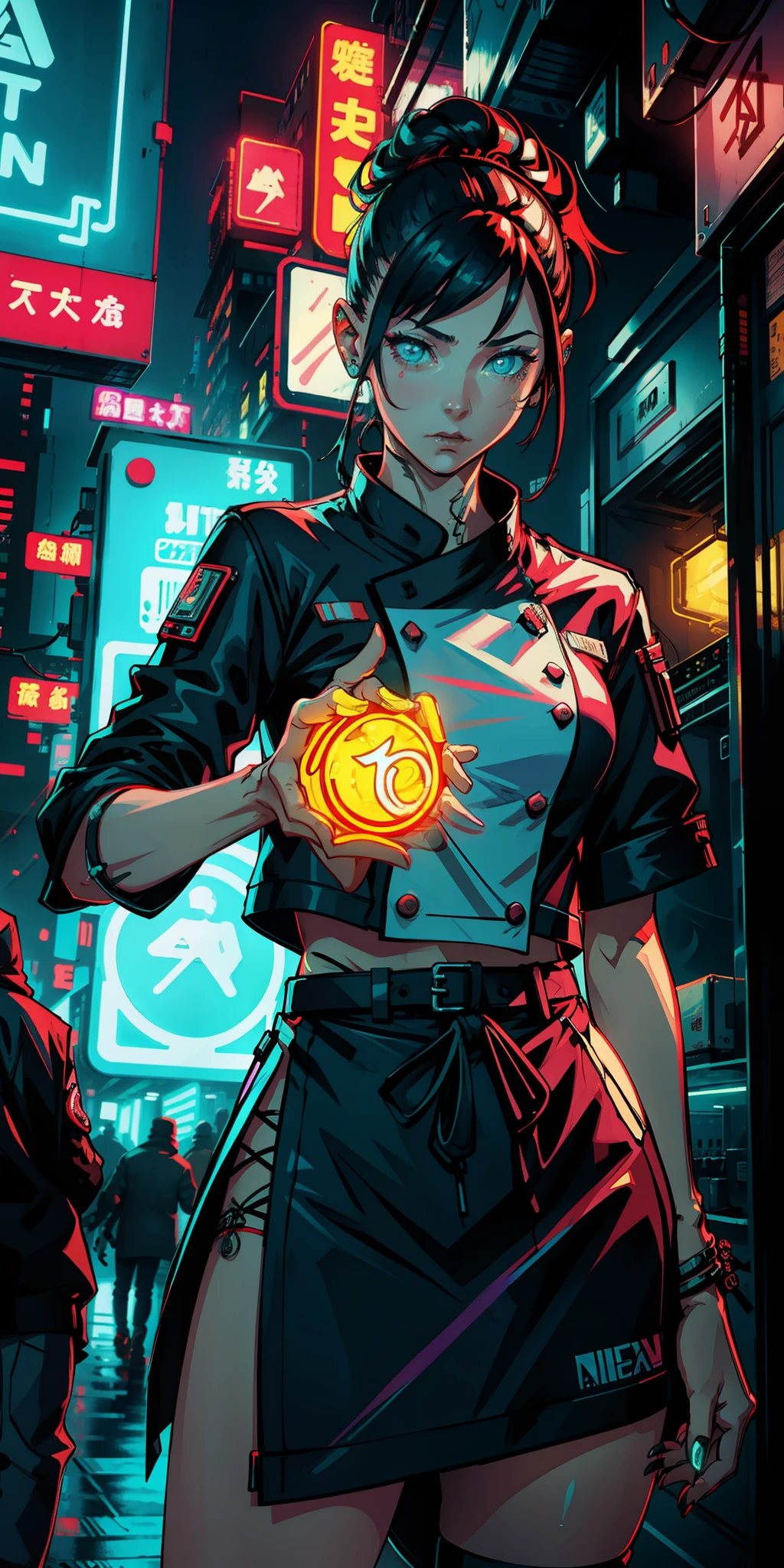 Female chef with yummy hand sign ( neon cyberpunk