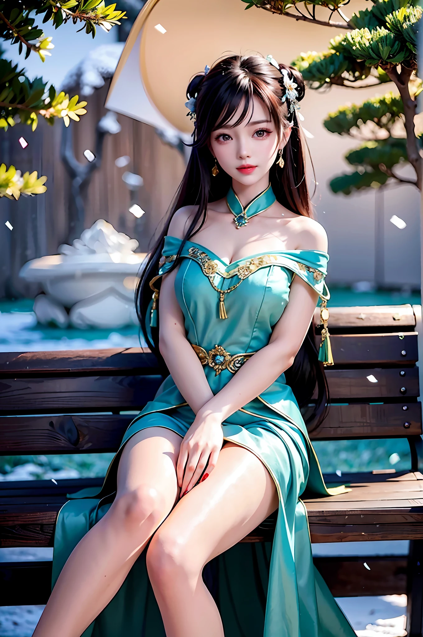 A beautiful and charming woman, leaning alone on a bench, under the light of the fire, her complexion is crystal clear like jade, like a crescent moon, like flowers and trees piled up with snow. When it is tactful, it is glamorous.